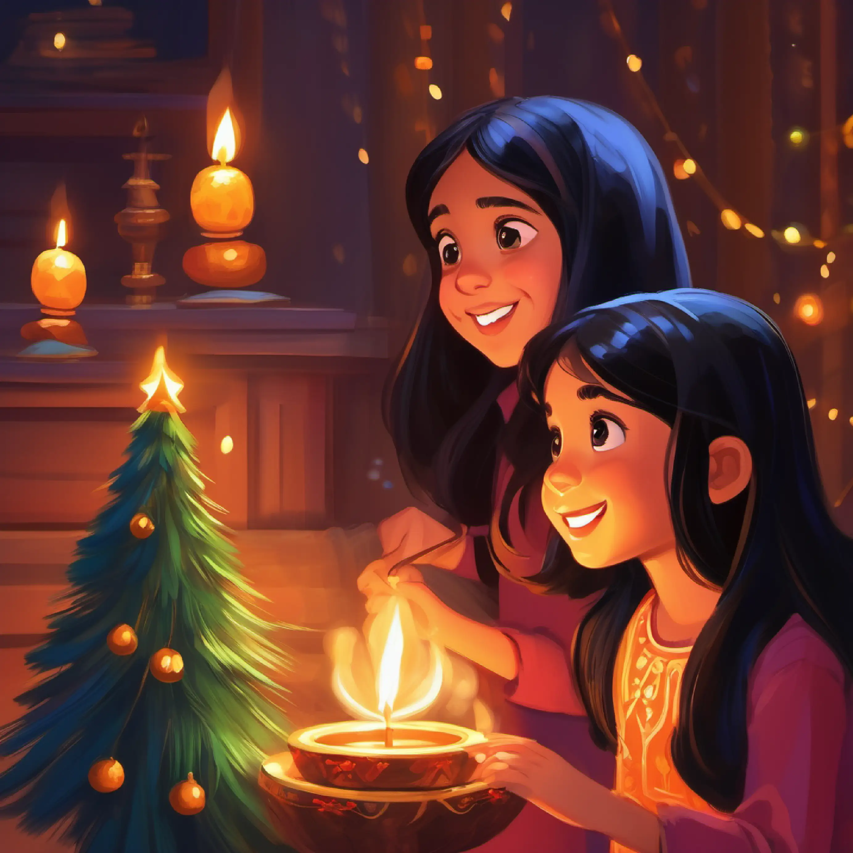 Young girl, long black hair, brown eyes, vibrant smile observes Dad lighting Diwali lamps.