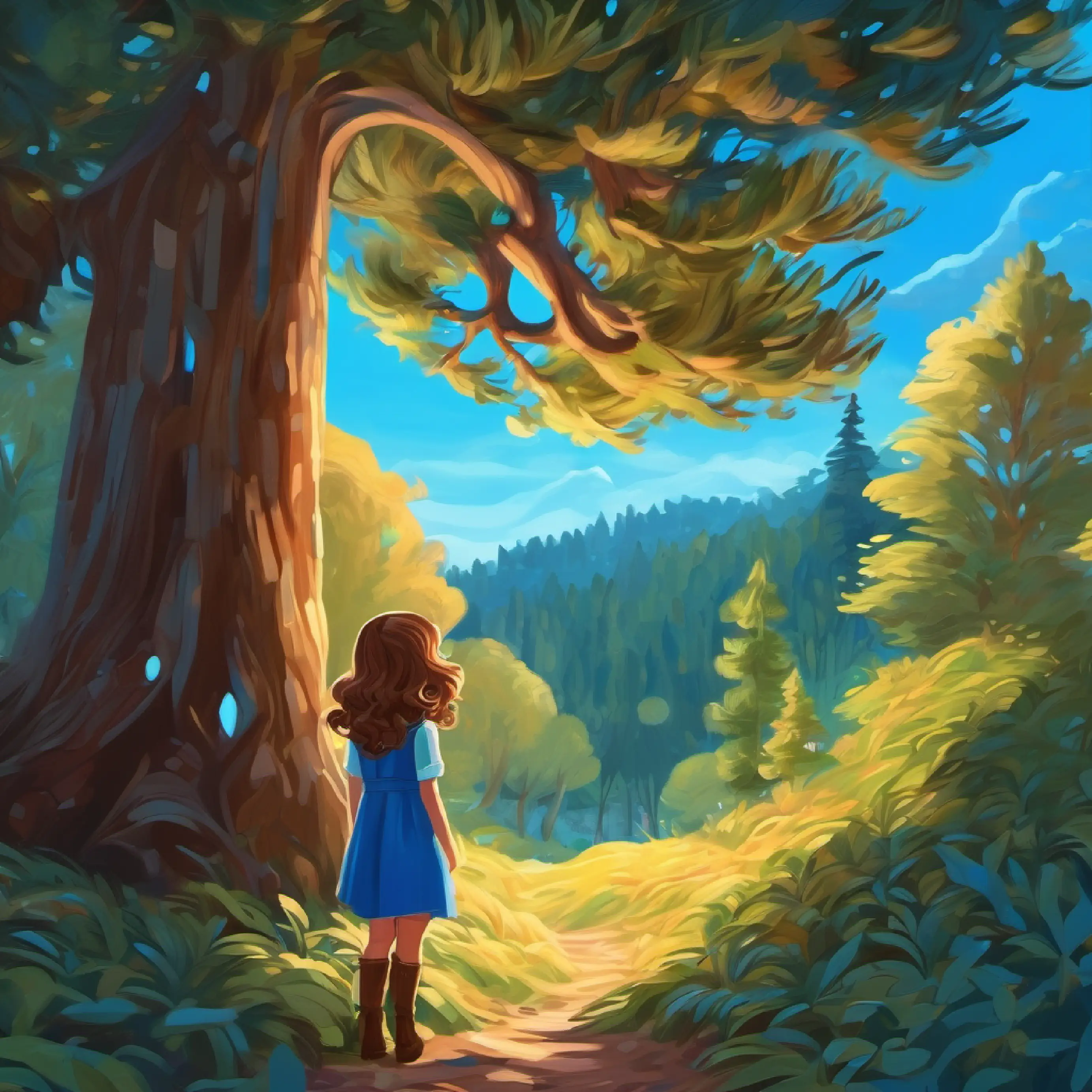 Curious girl, fair skin, wavy brown hair, blue eyes in forest  discovers a majestic  tree