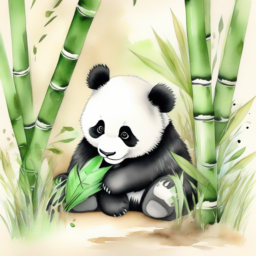 Happy panda with black and white fur, and green bamboo accessories. finds a hidden cave. Colors: black, white, green, brown