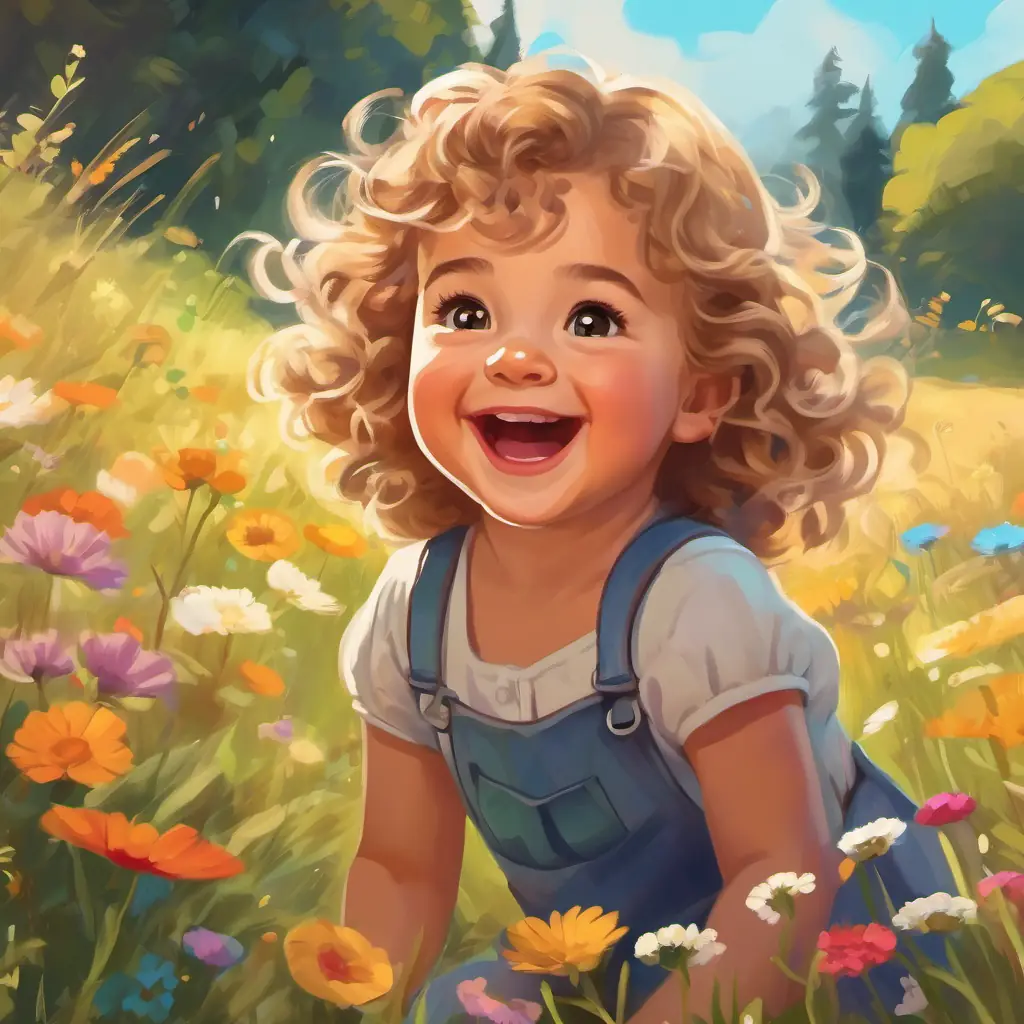 In the cozy cottage, Caucasian female toddler, 25 years old, dirty blonde curly hair, cheeky grin, contagious laugh and Brown female toddler, 1 year old, brown wavy hair, few front teeth, crawls play on a colorful meadow.