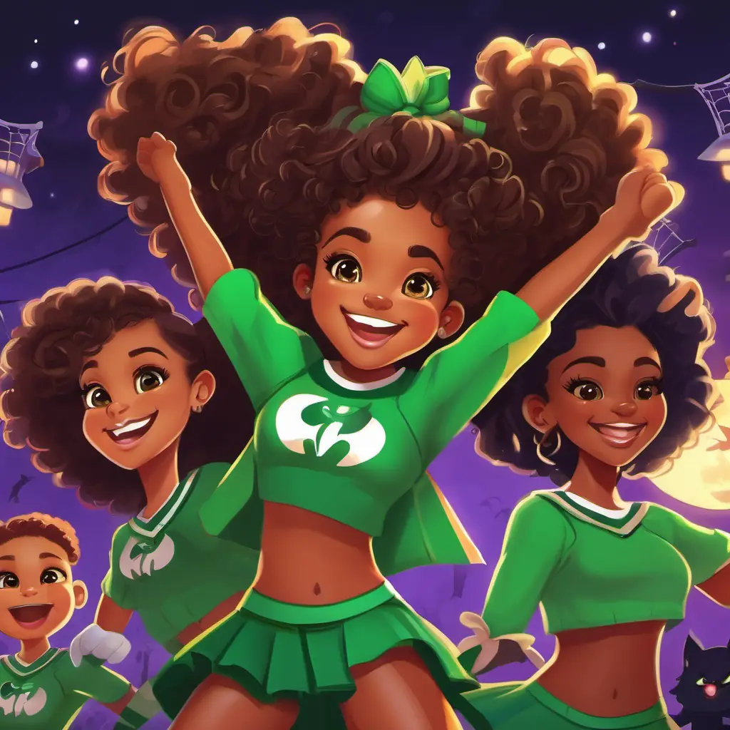 Confident African American girl with curly hair, big smile, and glowing green eyes performing amazing cheerleading stunts, with her friends and family cheering her on.