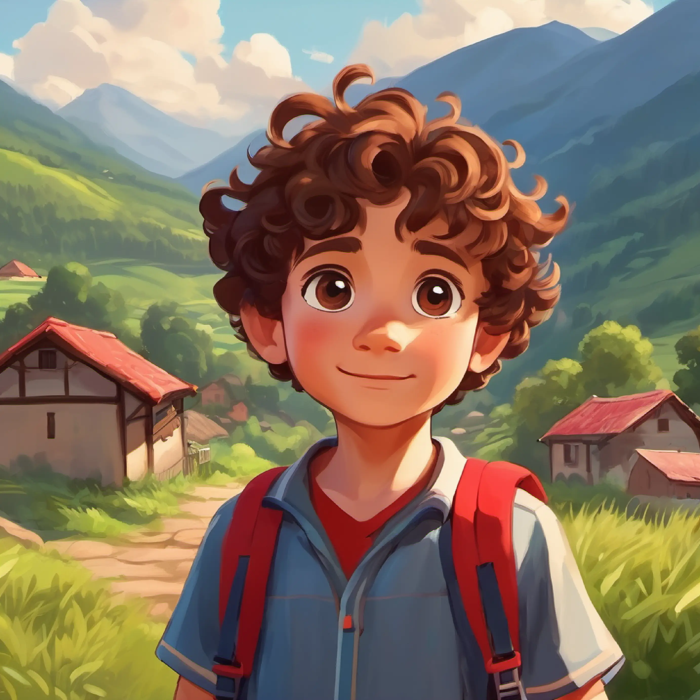 Introduction to A small boy, curly brown hair, bright brown eyes, always carrying a red backpack and his fear, in a village with mountains