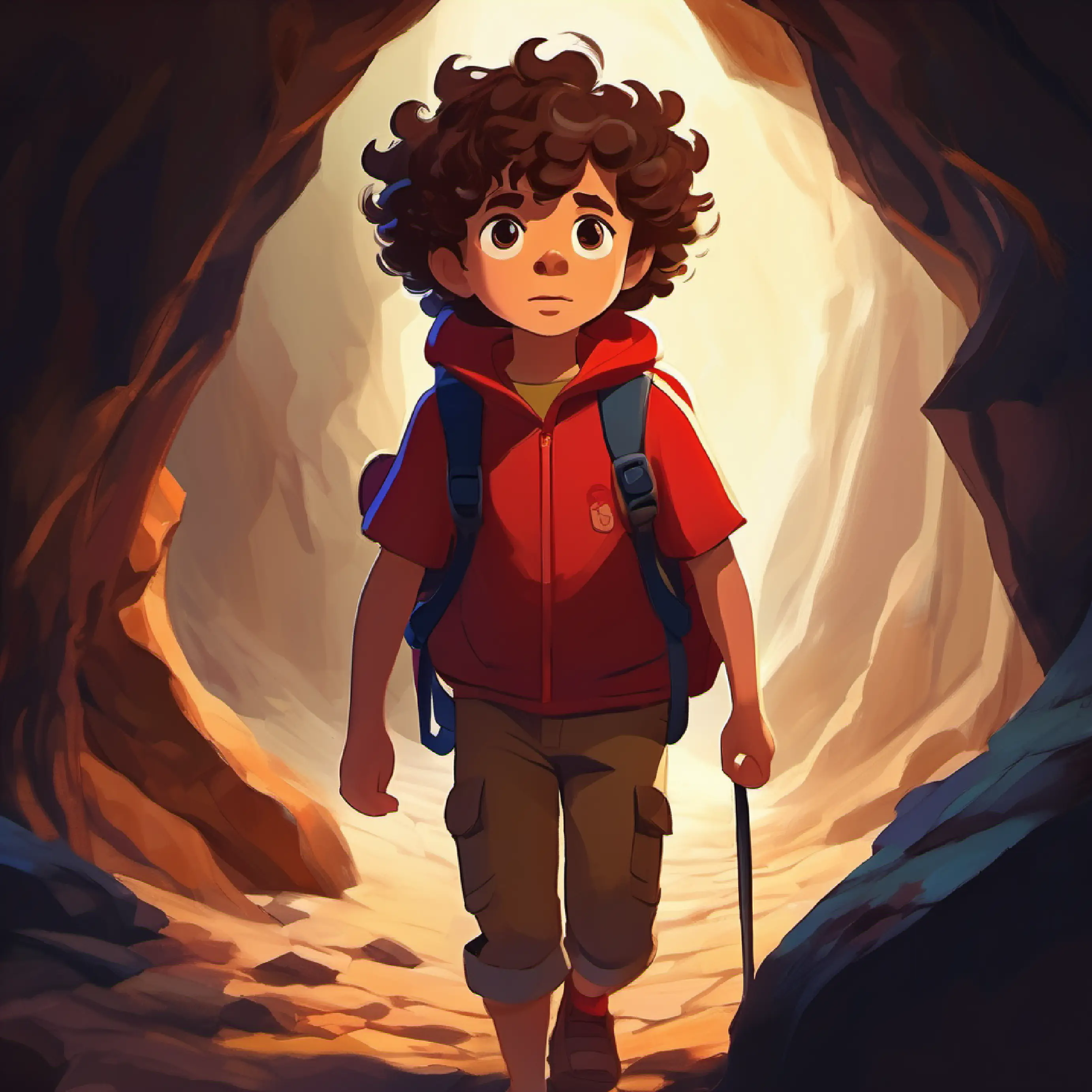 A small boy, curly brown hair, bright brown eyes, always carrying a red backpack enters the dark cave and faces spooky shadows