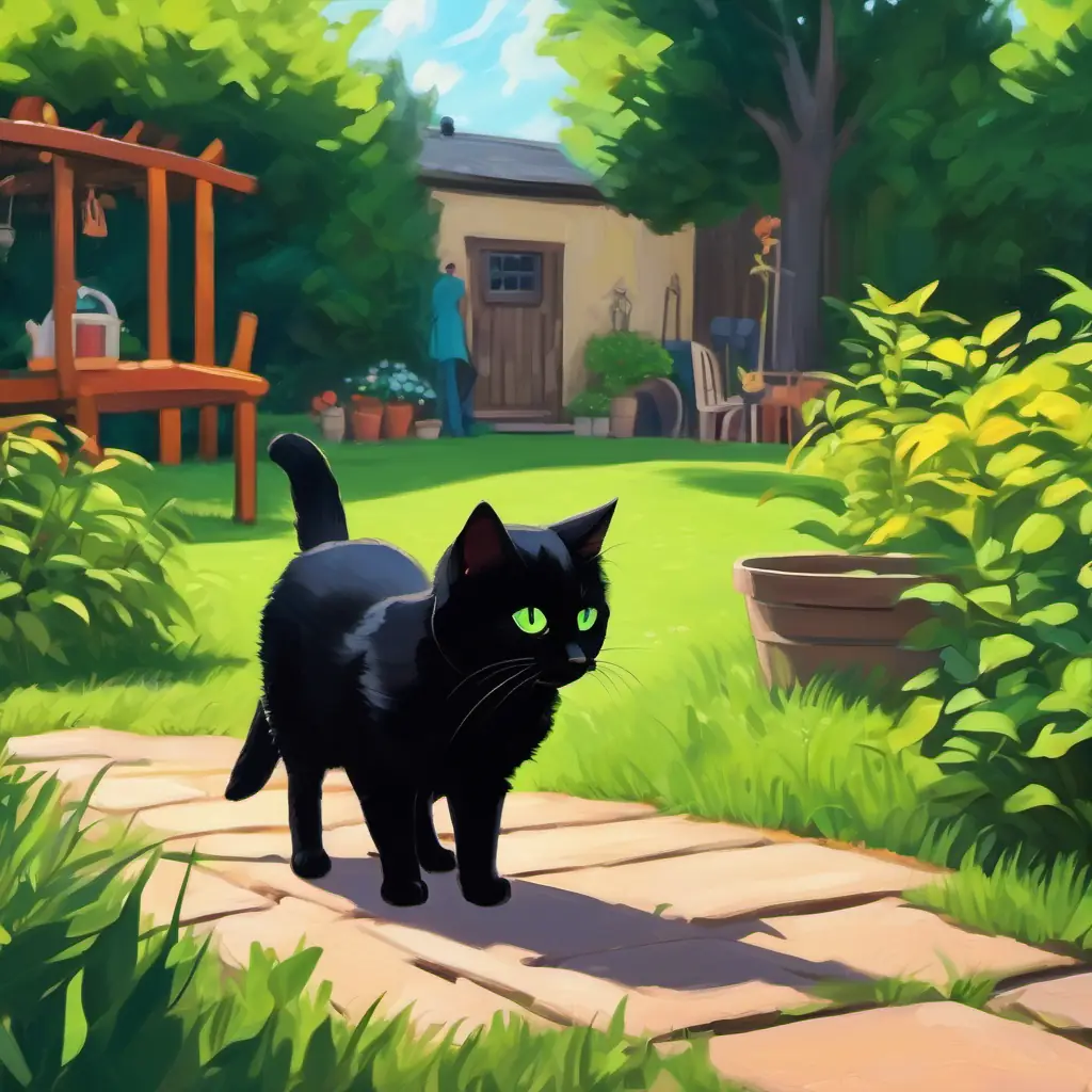 Adryan playing in the backyard, noticing a small black cat with bright green eyes and a shiny black coat.