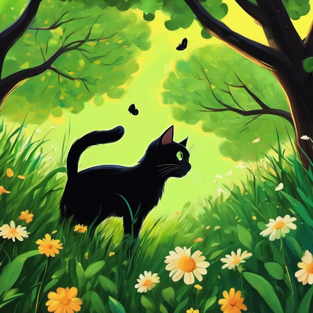 Adryan and Small black cat with bright green eyes and a shiny black coat having adventures, climbing trees, chasing butterflies, and having picnics in the meadow.