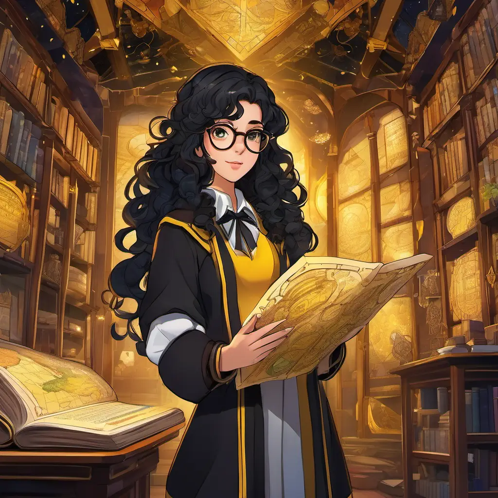 Hufflepuff girl with black curly hair, brown eyes, and glasses Kind and loyal, with her black curly hair and glasses, holds a glowing map in her hands, standing in front of a hidden room adorned with magical artifacts
