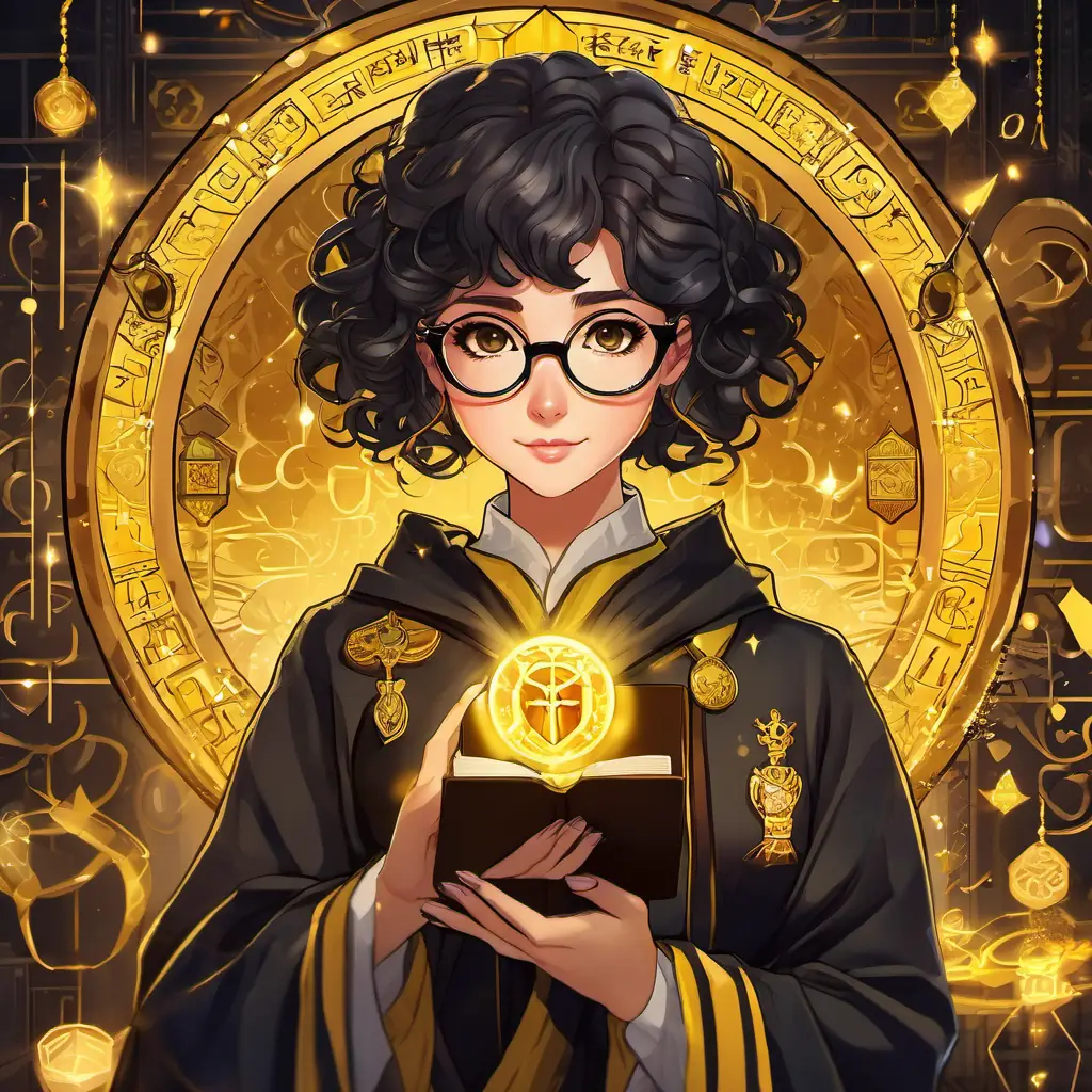 Hufflepuff girl with black curly hair, brown eyes, and glasses Kind and loyal, with her black curly hair and glasses, wearing her Hufflepuff robes, holds the magical amulet, surrounded by glowing symbols and ancient inscriptions