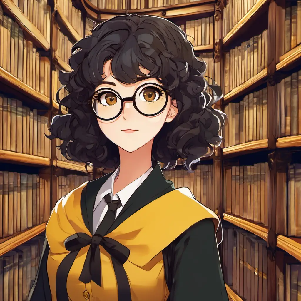 Hufflepuff girl with black and short curly hair, brown eyes, and glasses Kind and loyal, with her black curly hair and glasses, sneaks into the library's restricted section, surrounded by towering shelves filled with old dusty books