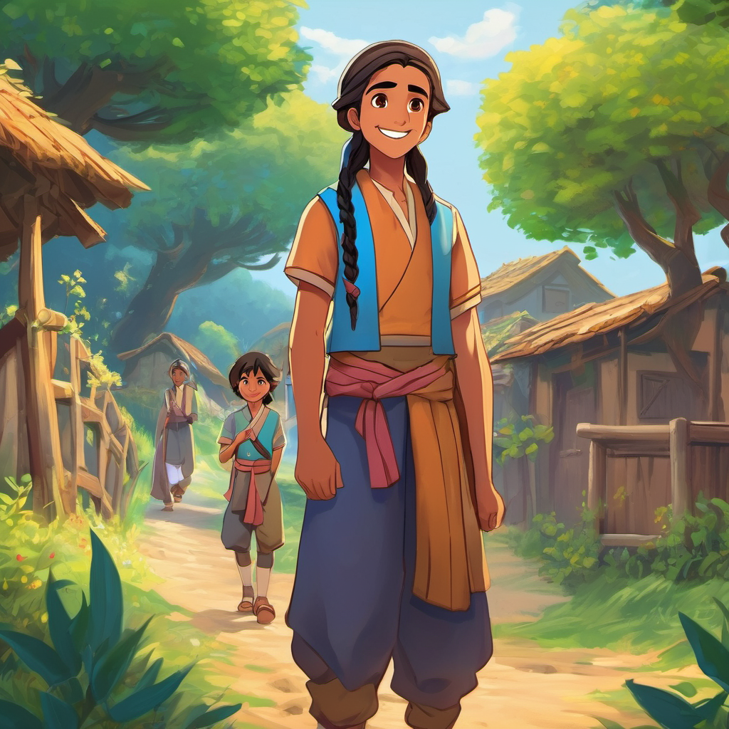 Ravi is a jovial boy with bright eyes and a friendly smile. and Anu is a kind-hearted girl with long braided hair and a compassionate gaze. standing together in a village