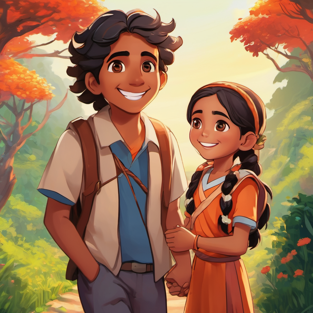Ravi is a jovial boy with bright eyes and a friendly smile. and Anu is a kind-hearted girl with long braided hair and a compassionate gaze. walking hand in hand towards a bright future
