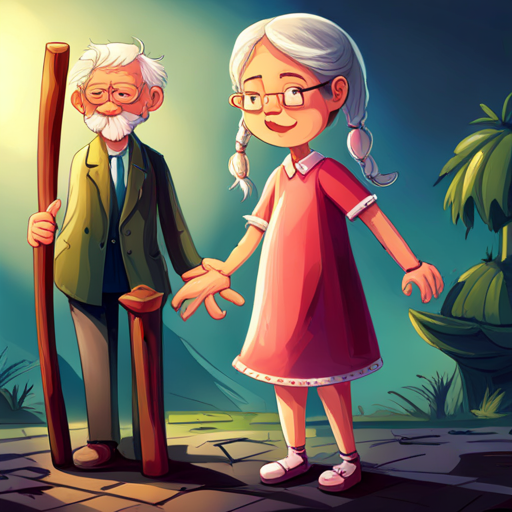 The Little girl with pigtails, pink dress, and a big smile. and Old man with white hair, glasses, and a walking stick. with Transparent figures with white sheets and spooky sounds. and puzzles