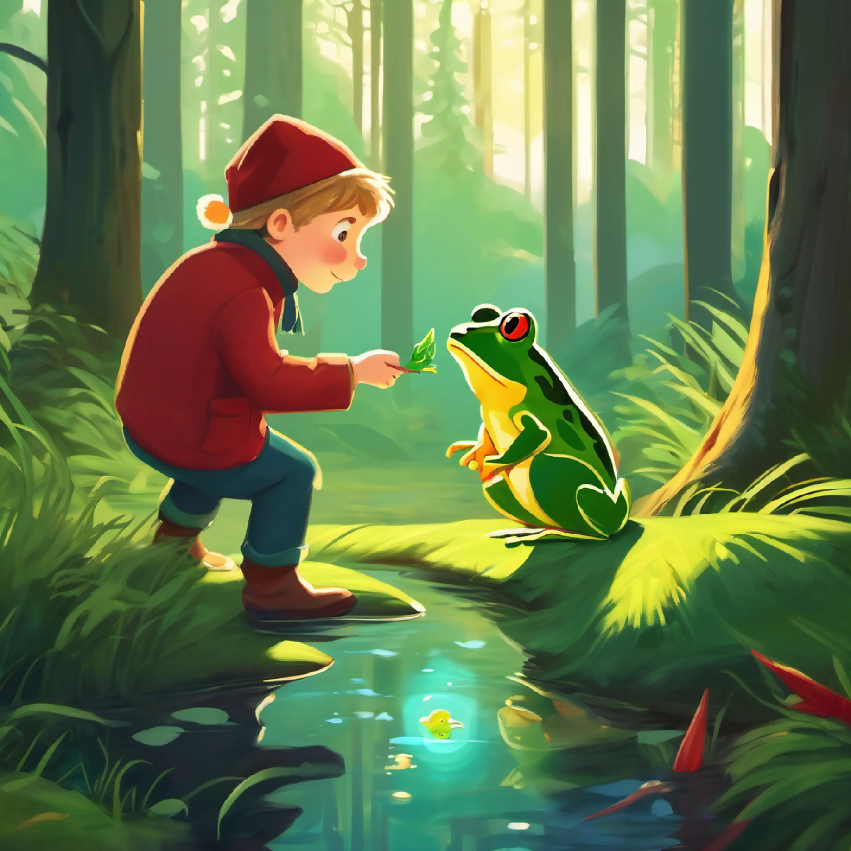 Tim and Max encounter a frog in the forest, which makes a ribbit sound.