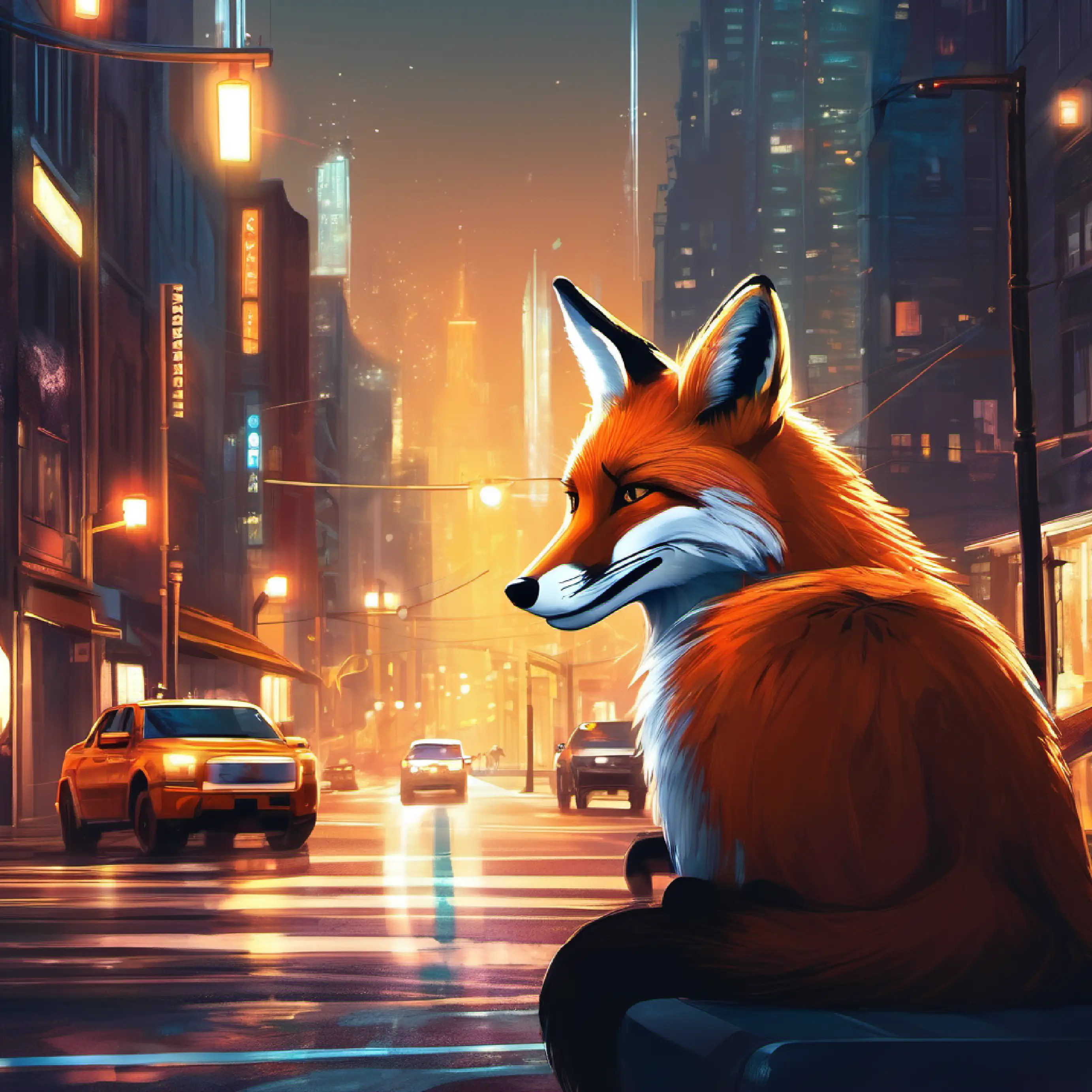 Cityscape encounter, fox mesmerized by the urban lights.