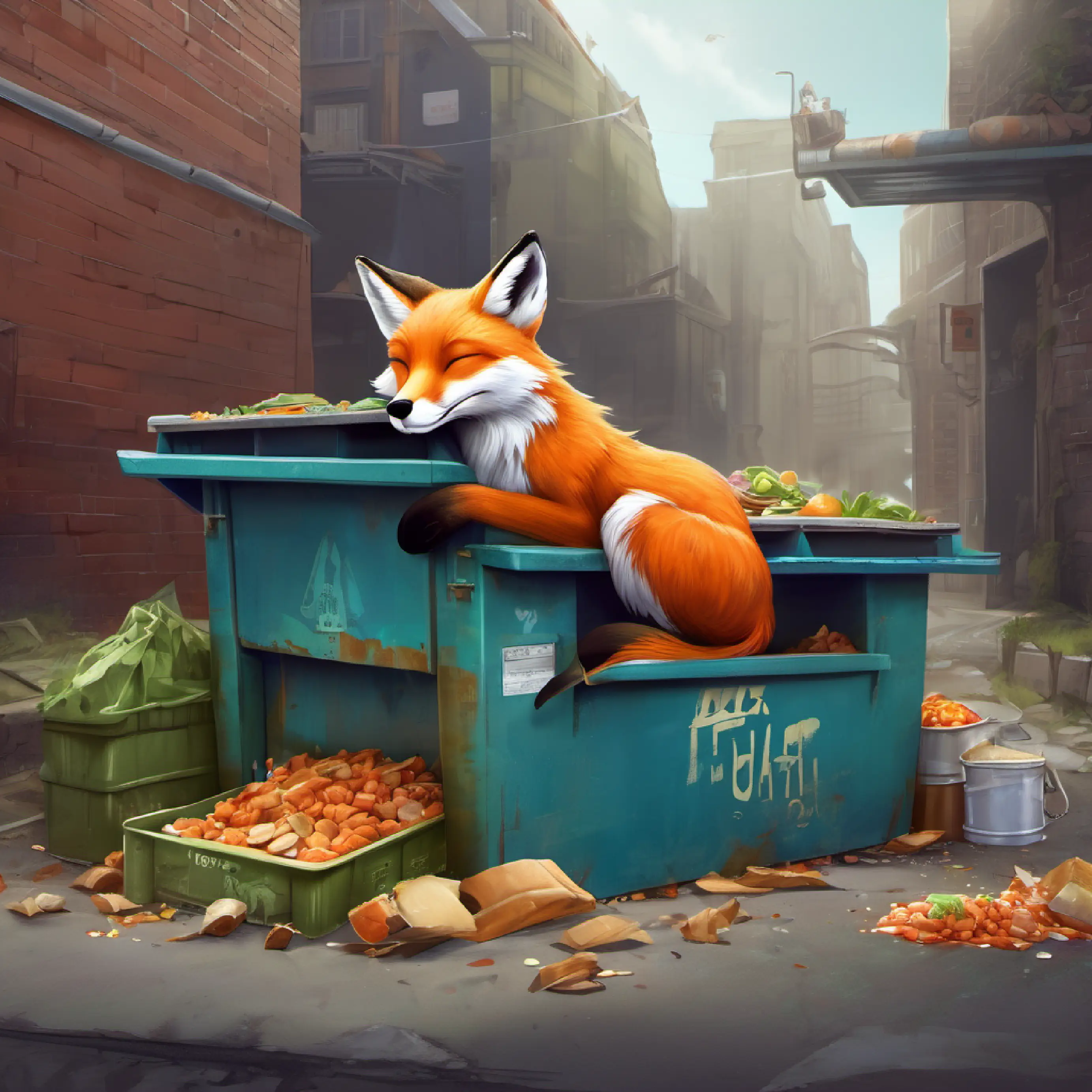 Fox finds food in a dumpster and falls asleep.