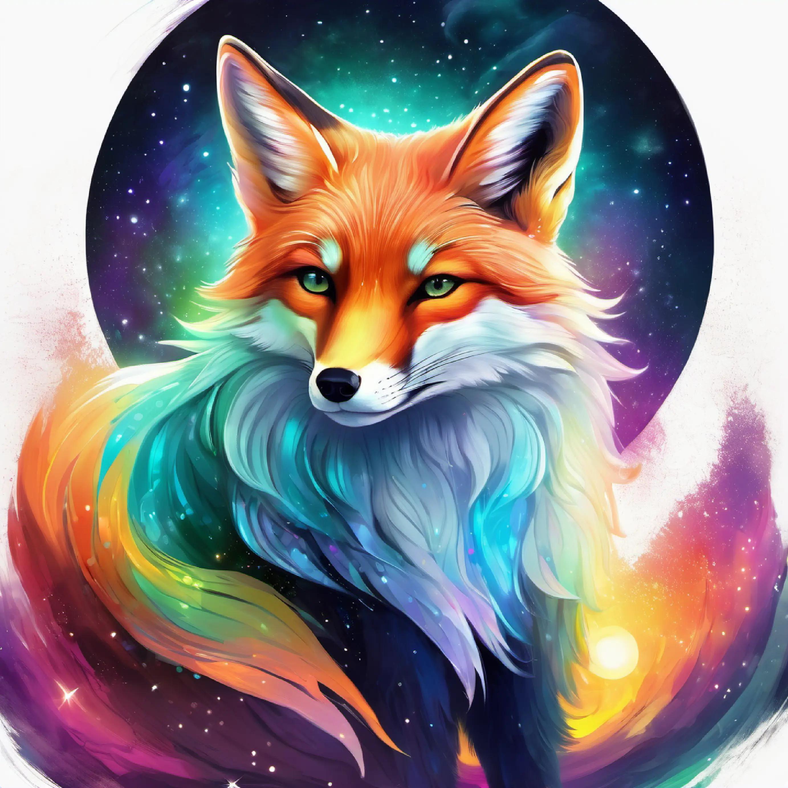 Aurora Spirit with ever-changing colorful aura, wise and kind gives the fox a riddle about the moon.