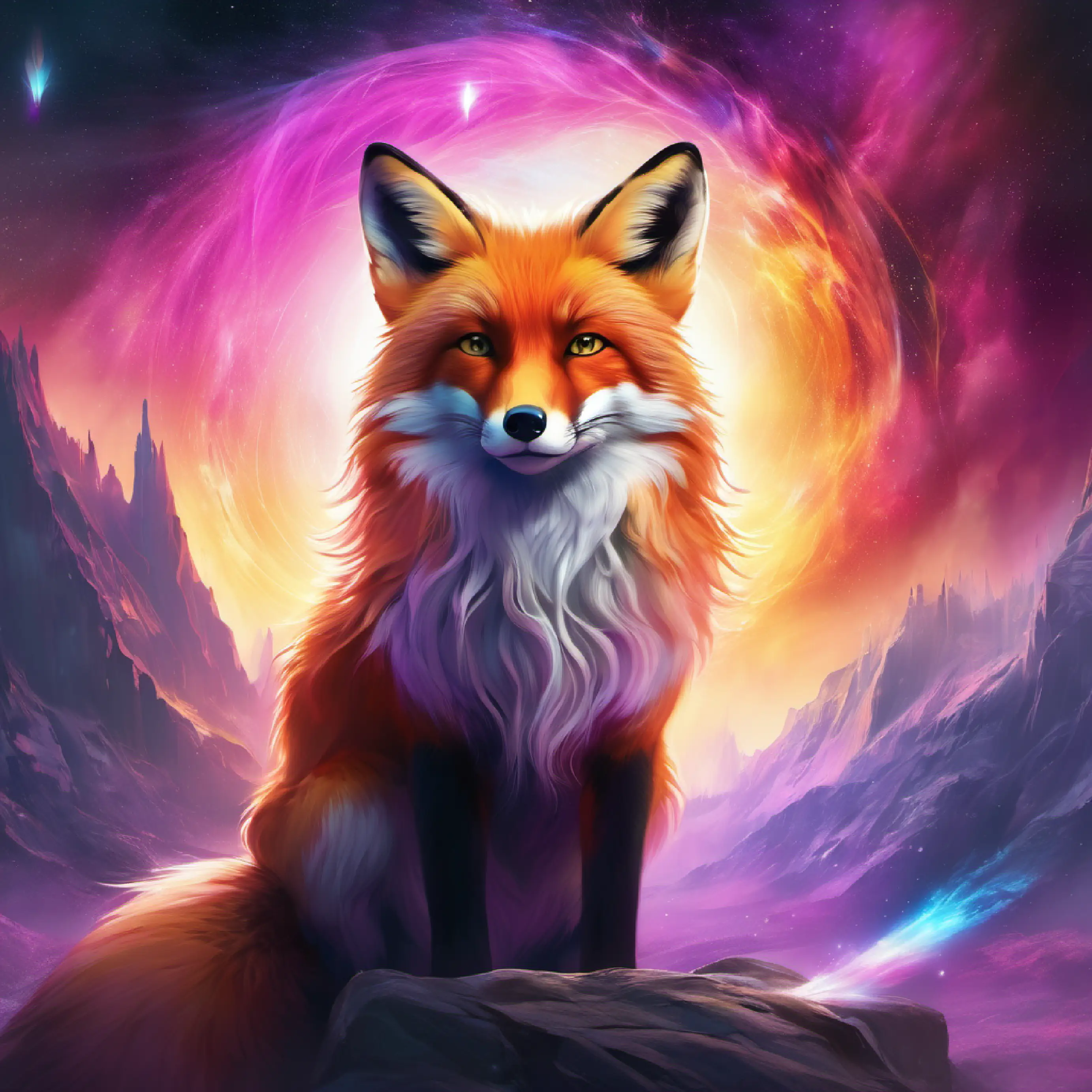Fox attempts to answer Aurora Spirit with ever-changing colorful aura, wise and kind's riddle.