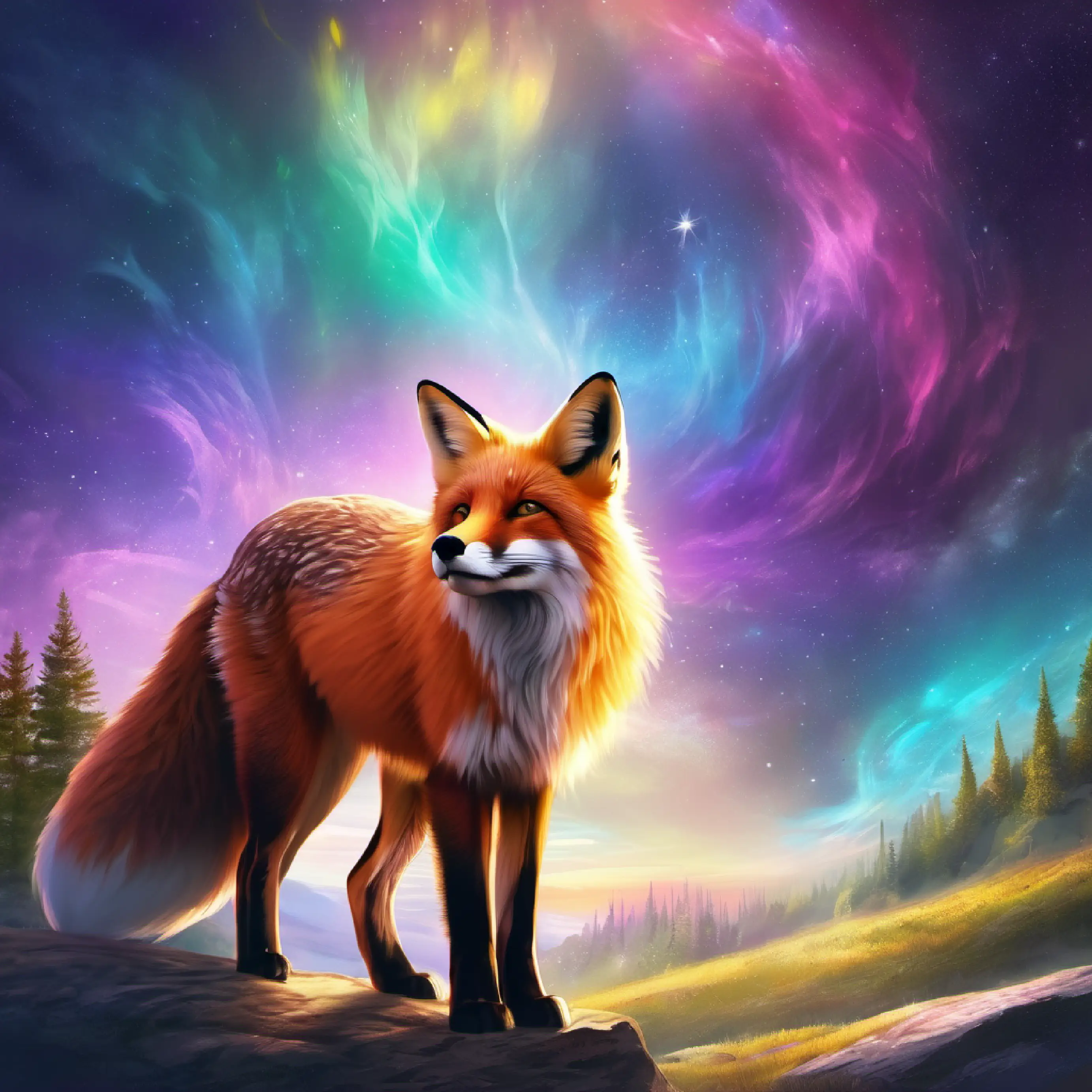 Fox answers correctly, follows Aurora Spirit with ever-changing colorful aura, wise and kind.