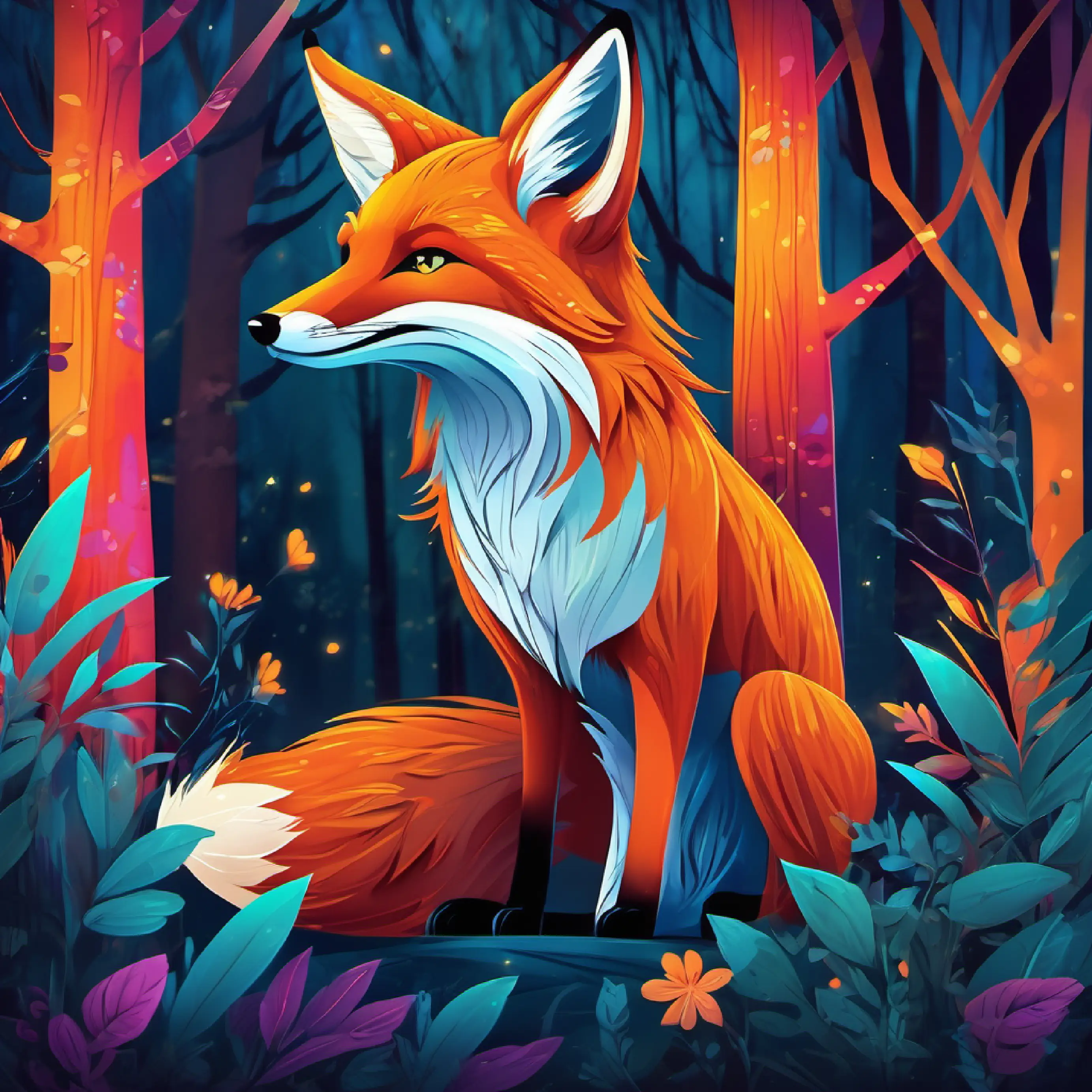 Vibrantly colorful and ultra detailed cinematic cartoon of a male fox in the forest at night following the smell of something intriguing.