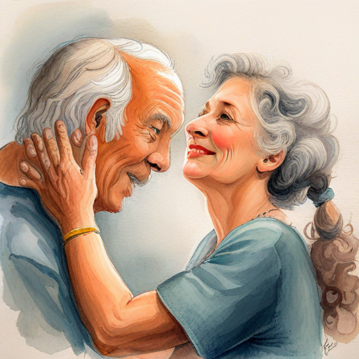 God with a golden halo, pointing at Loving and joyful woman, grey hair