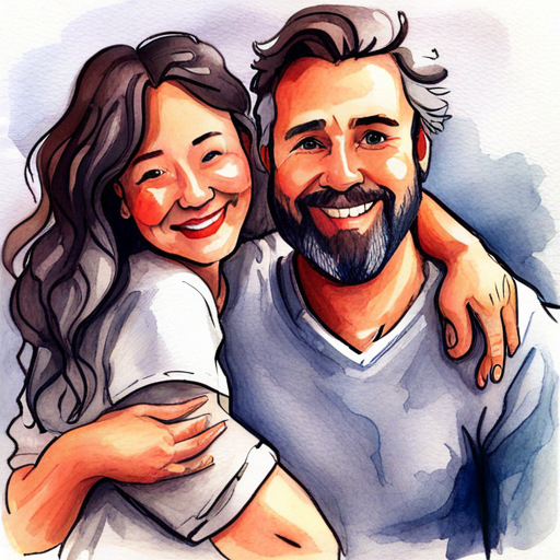 Kind and confident man, brown hair and beard and Loving and joyful woman, grey hair holding a baby, tears of joy