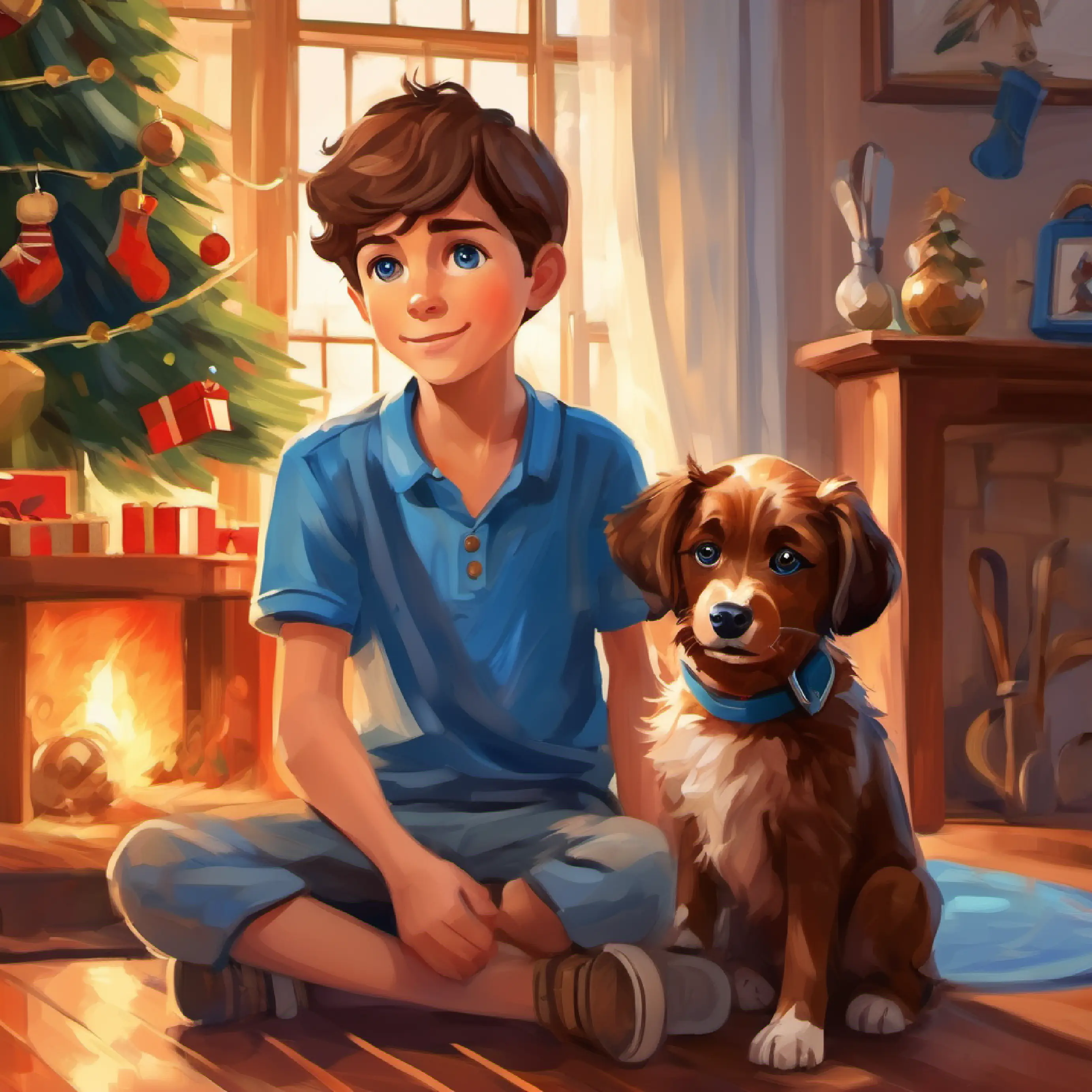 Introduction to characters, A young boy with brown hair and blue eyes and his dog A small, playful dog with brown fur, at home.