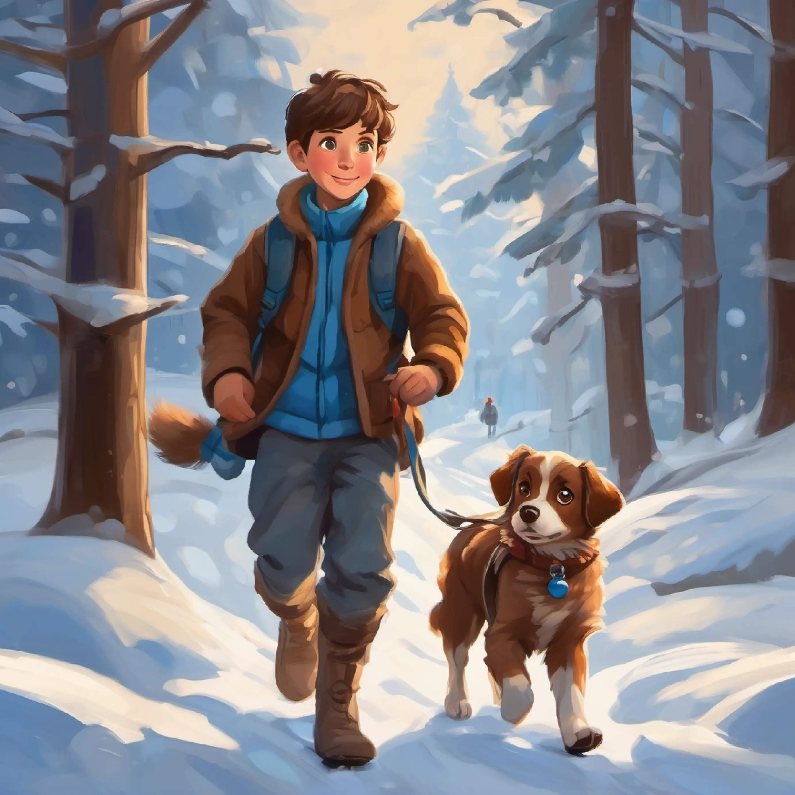 A young boy with brown hair and blue eyes and A small, playful dog with brown fur start their adventure, leaving the house for the woods.