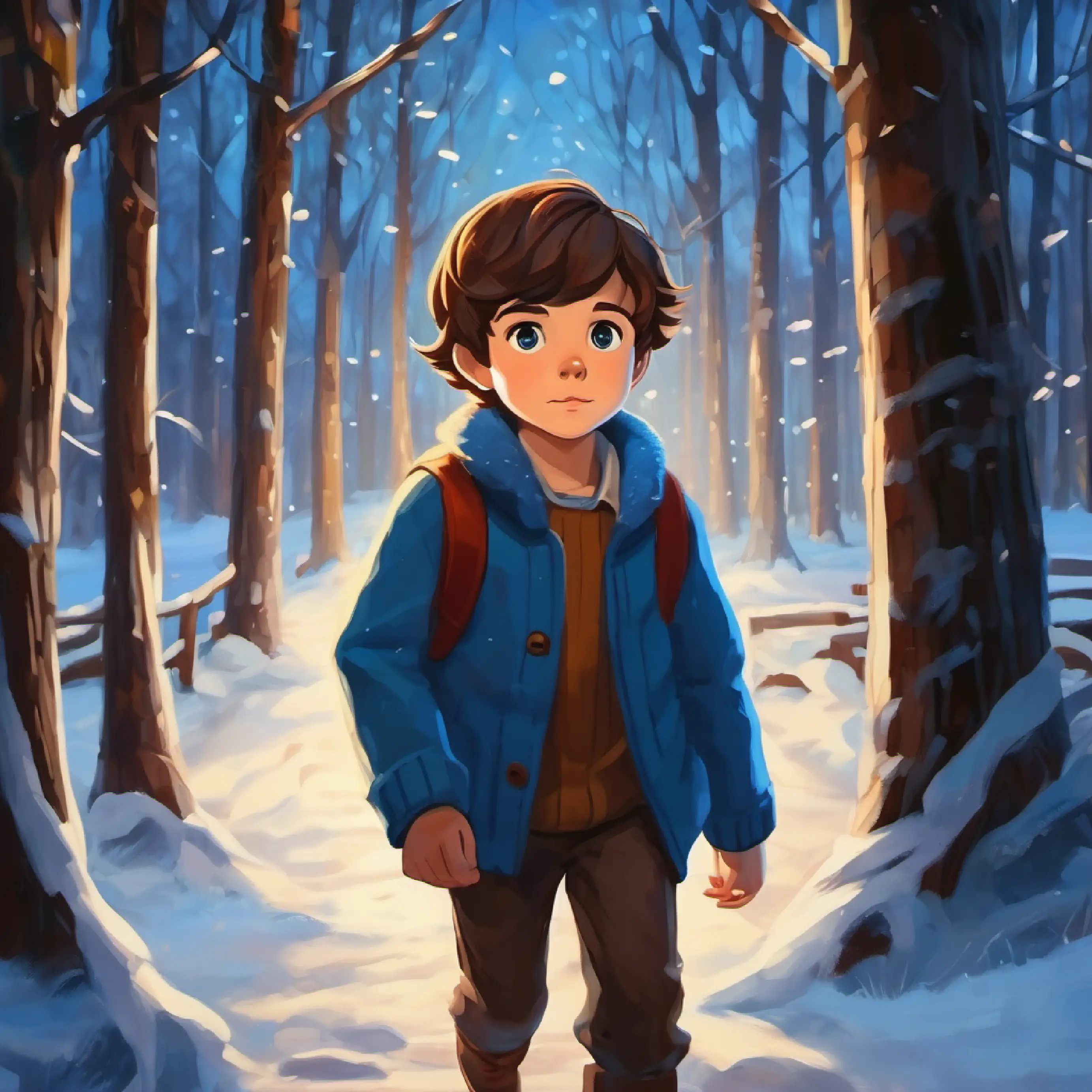 As the woods become dark, A young boy with brown hair and blue eyes decides to head home.