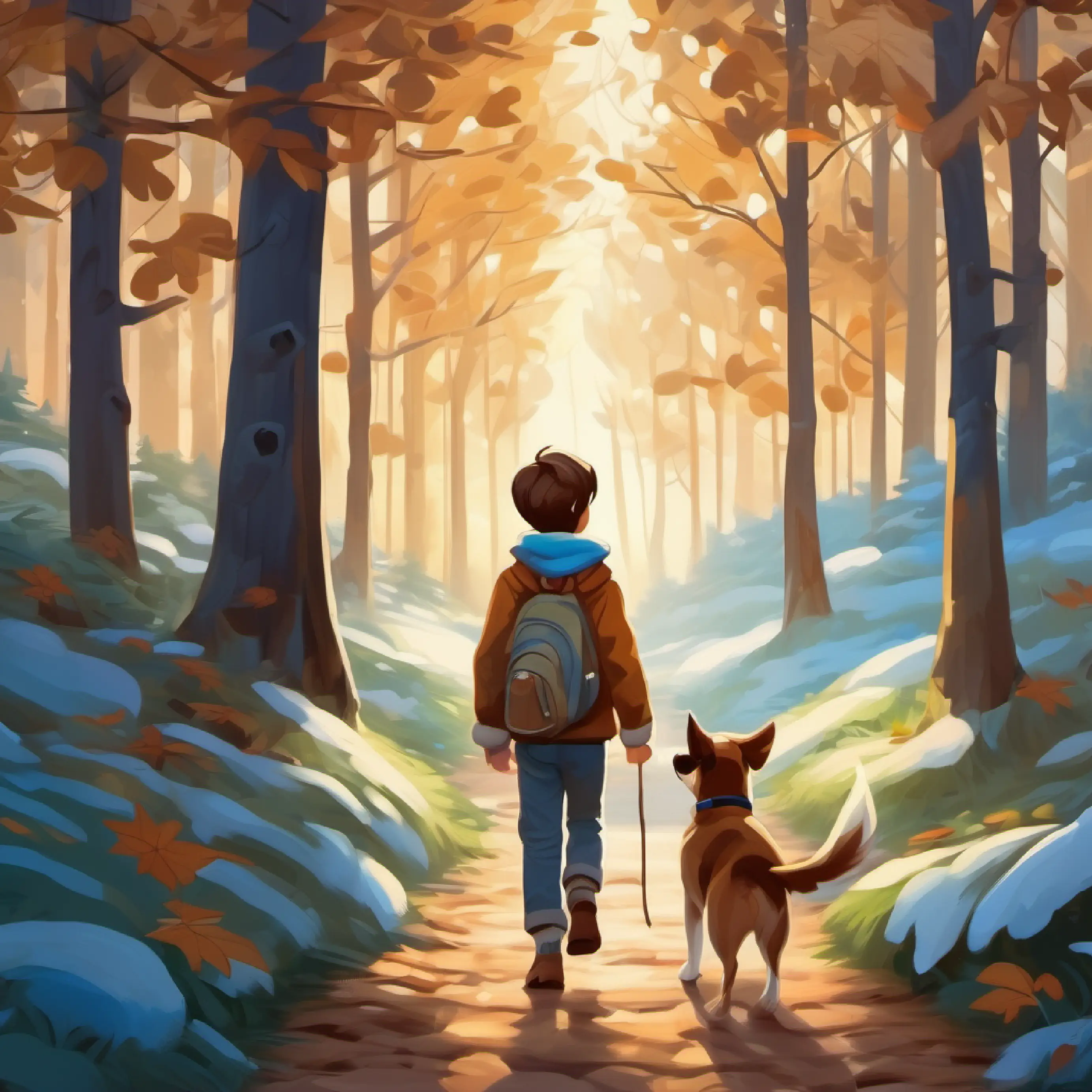 Describing the weather as A young boy with brown hair and blue eyes and A small, playful dog with brown fur enter the forest.