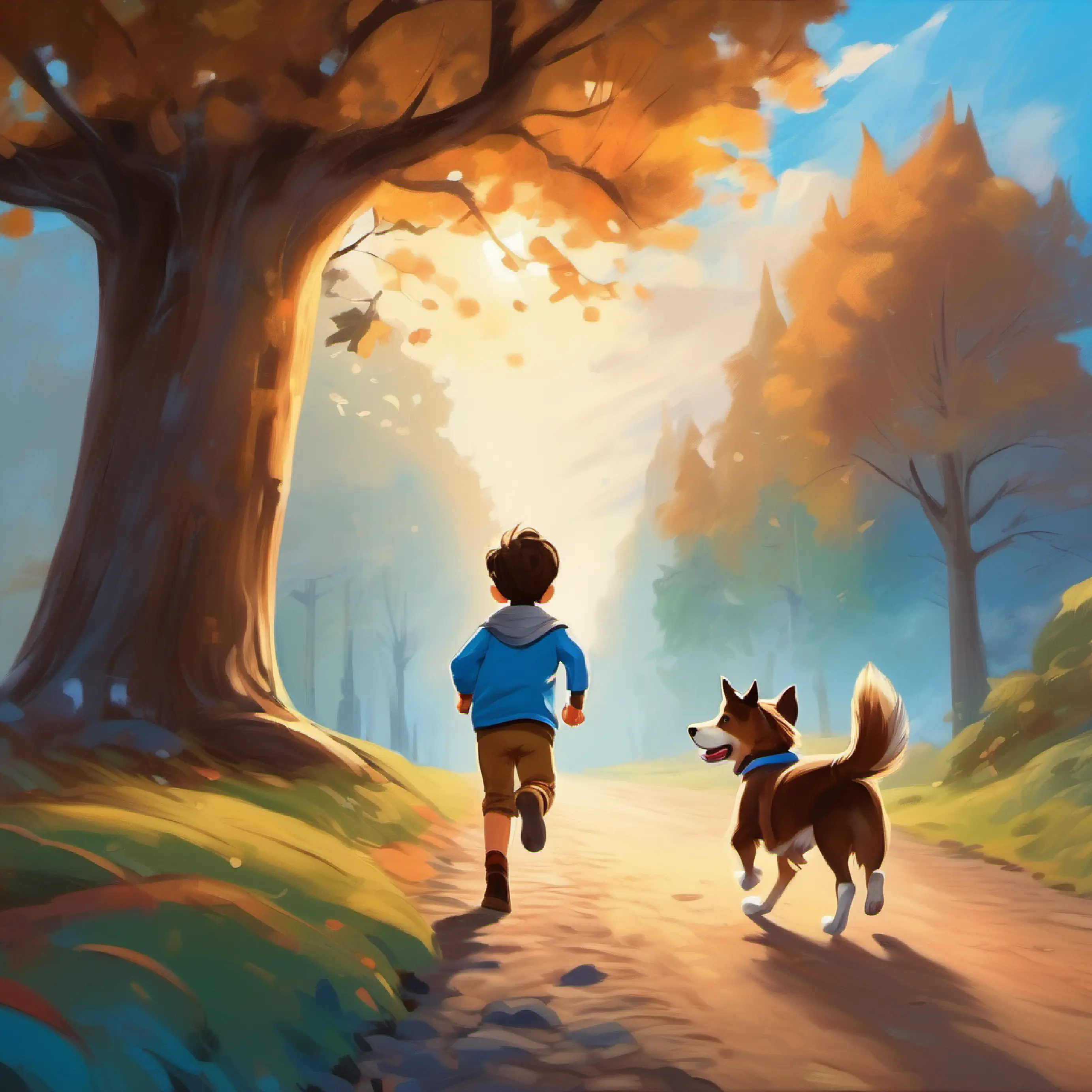 A young boy with brown hair and blue eyes notices a large tree, A small, playful dog with brown fur excitedly runs towards it.