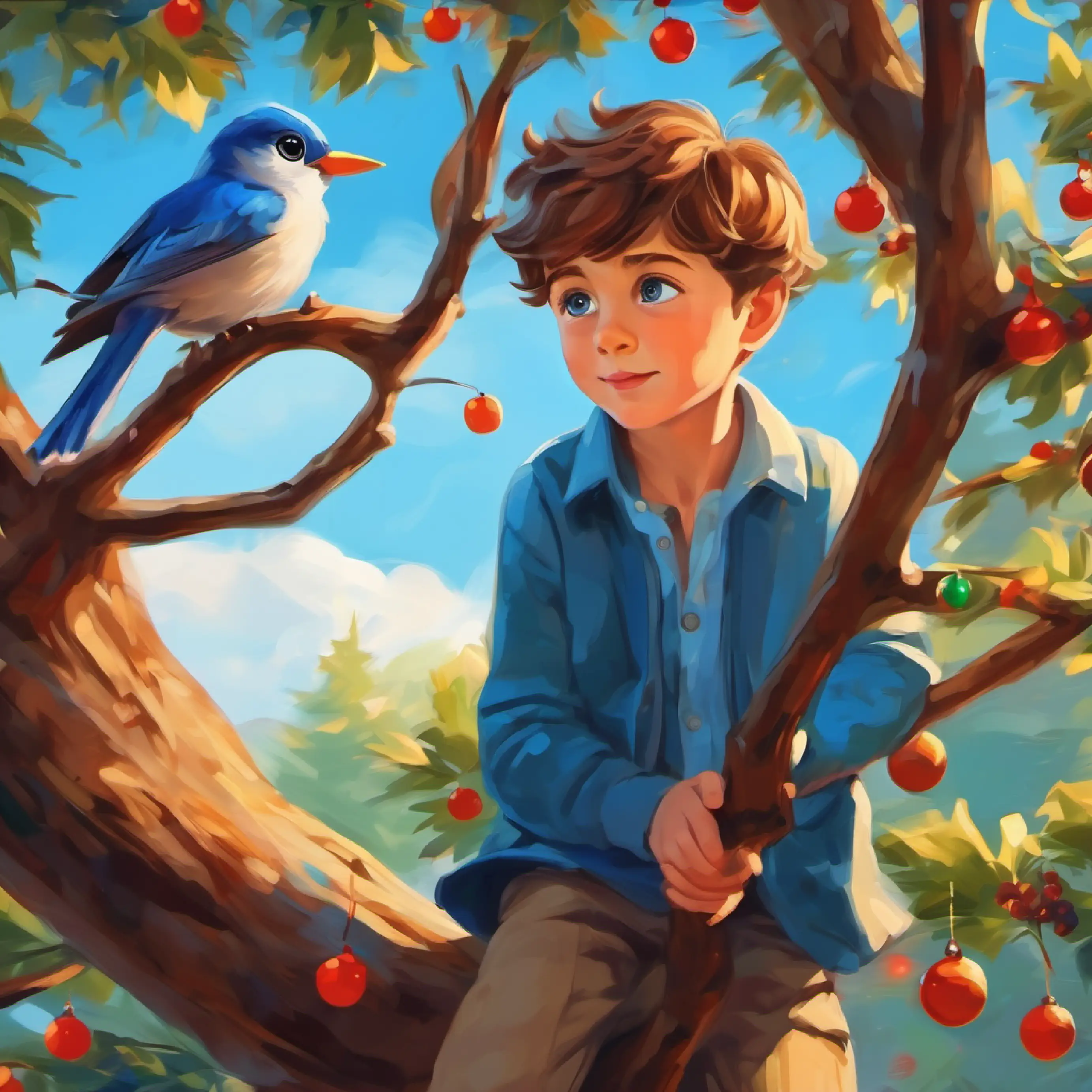 A young boy with brown hair and blue eyes spots a bird flying away from the tree.