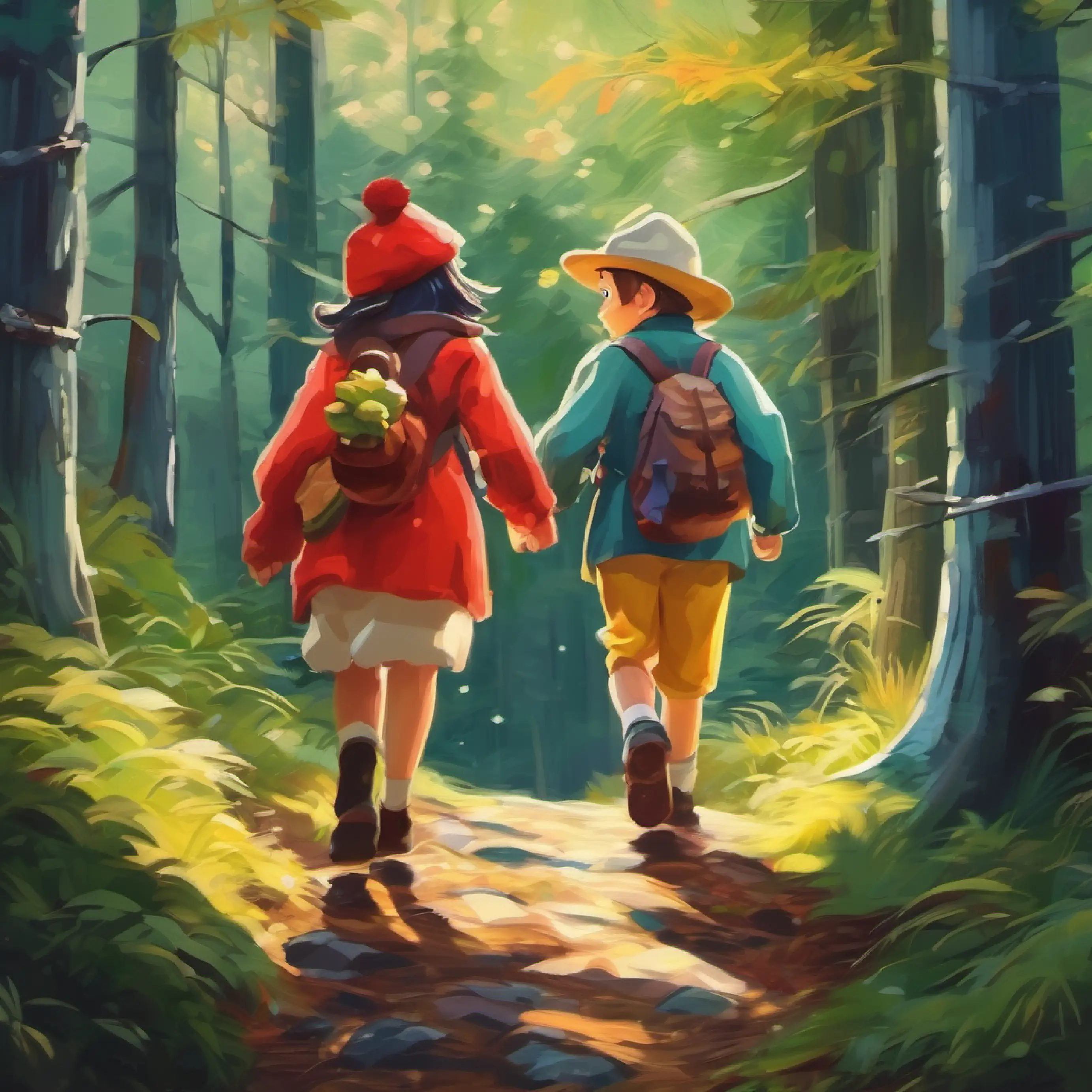 Continuing their adventure, they walk deeper into the woods.