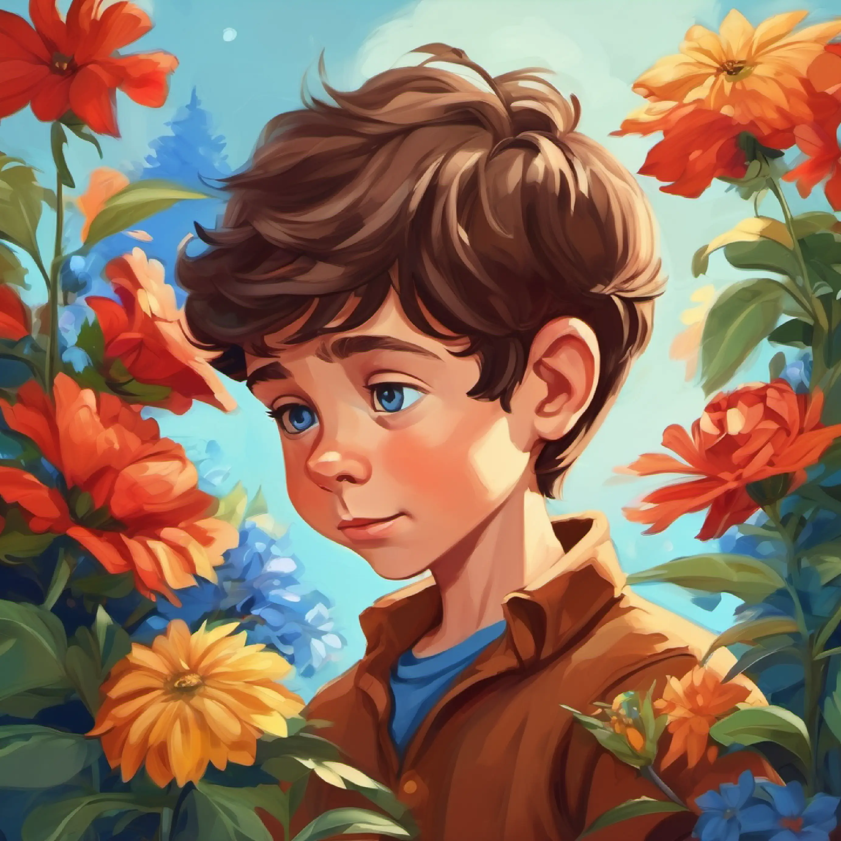 A young boy with brown hair and blue eyes discovers flowers and takes a moment to smell them.