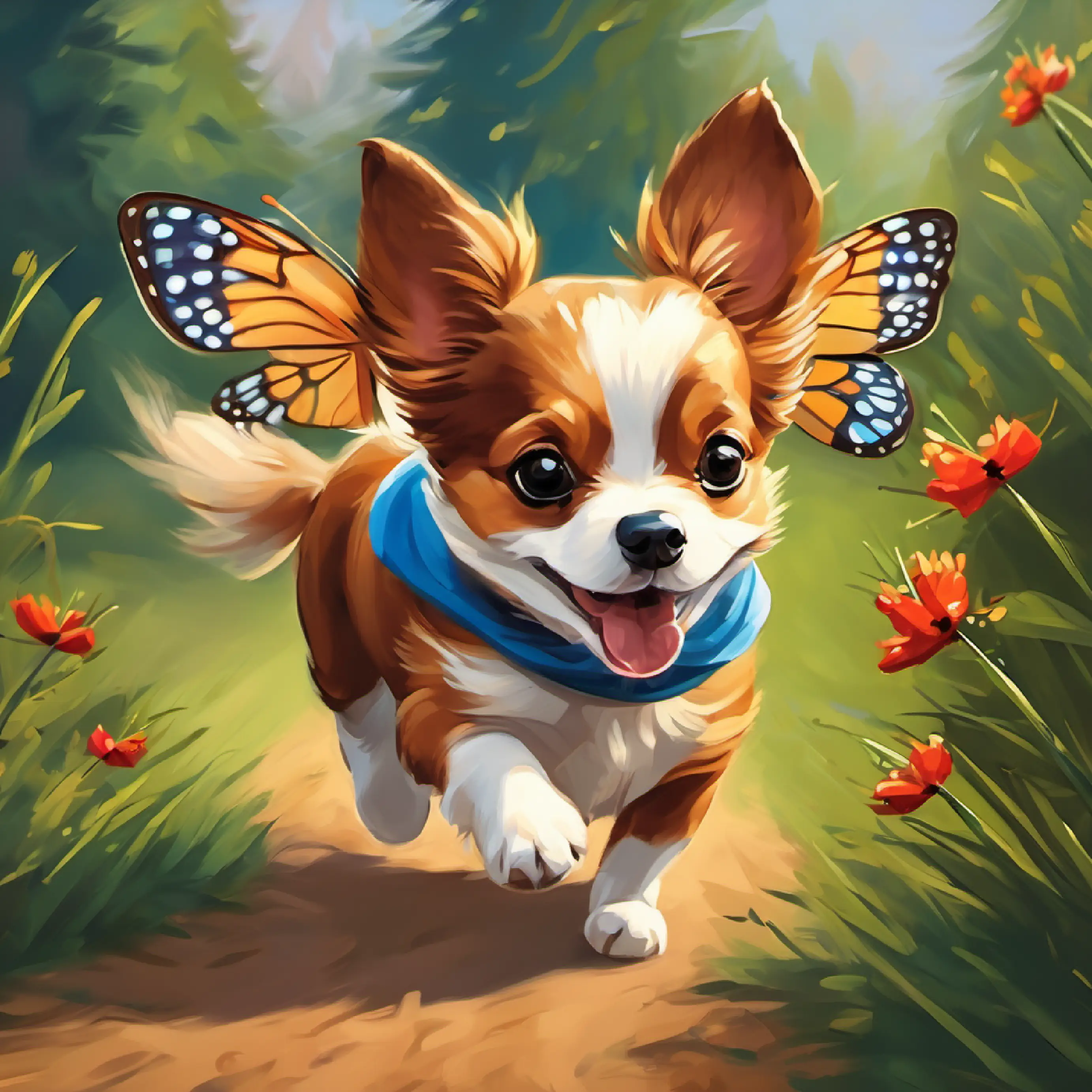 A small, playful dog with brown fur chases a beautiful butterfly.