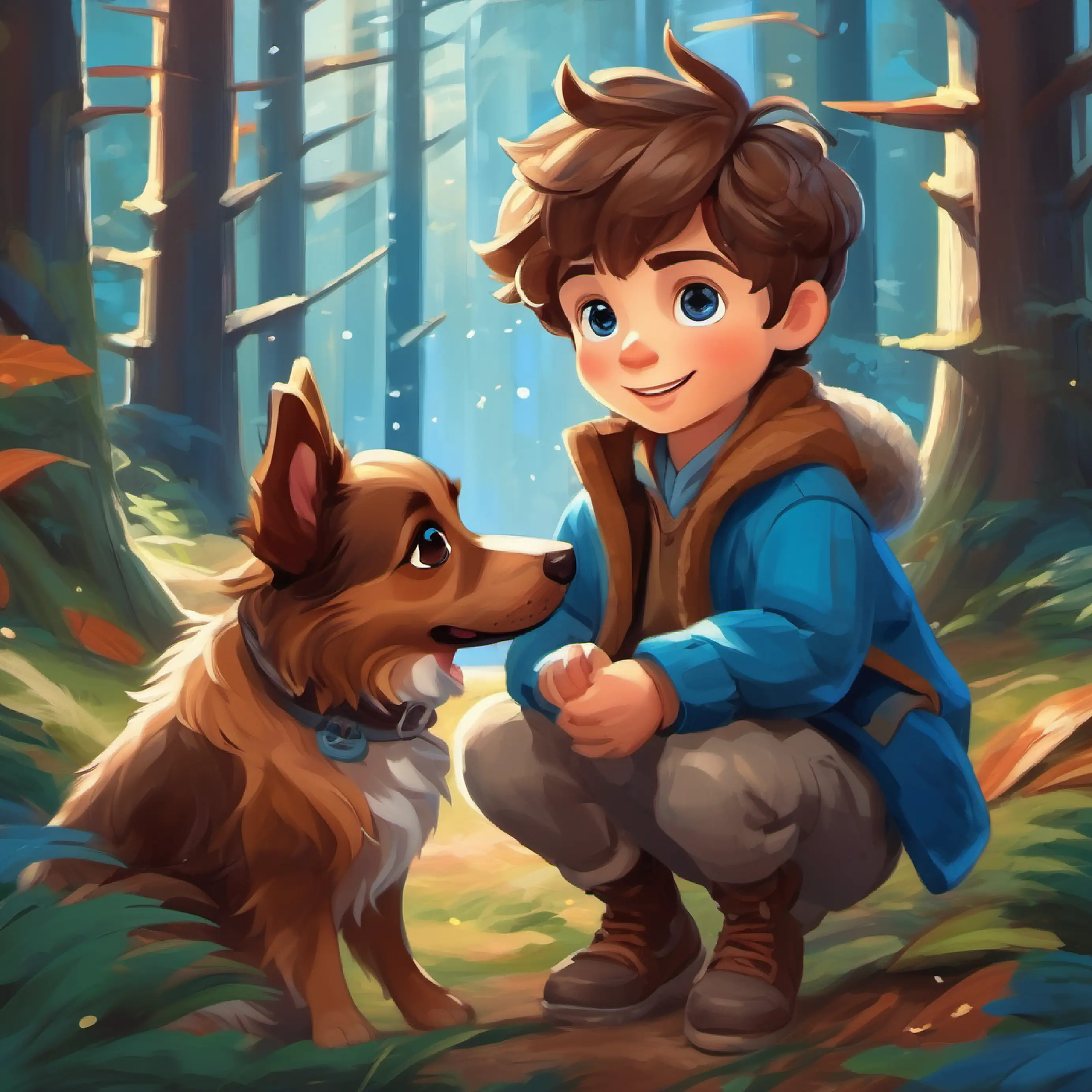 A young boy with brown hair and blue eyes and A small, playful dog with brown fur enjoy playing together in the forest.