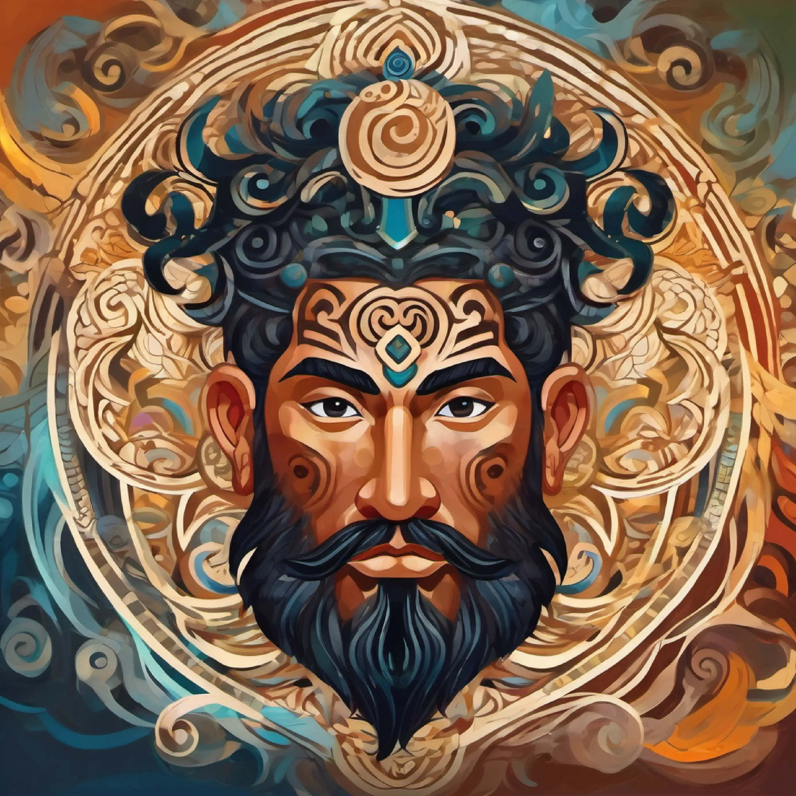 Male god Male god, strong face with spirals, piercing eyes, Maori tattooed, symbol of power and knowledge