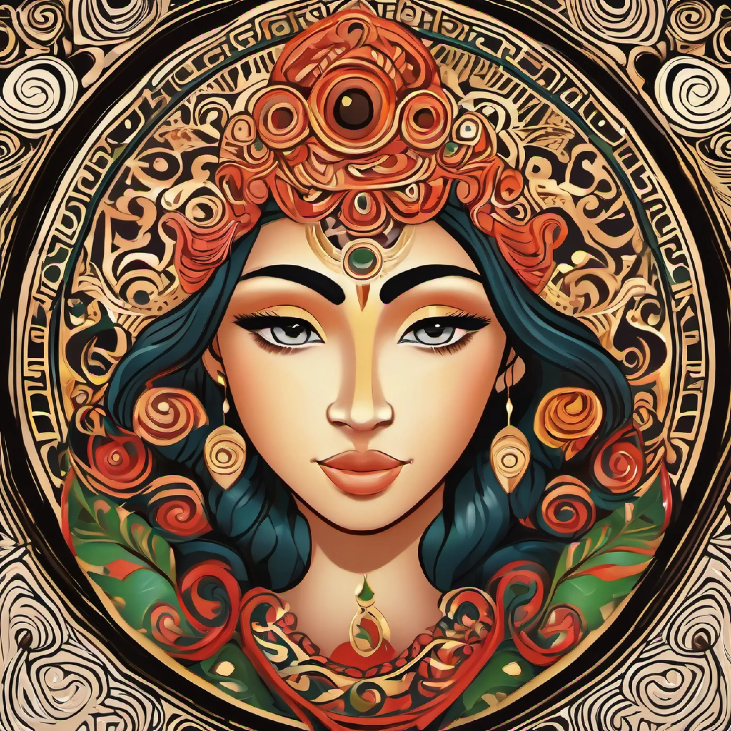 Female god Female god, gentle face with koru patterns, kind eyes, Maori tattooed, embodies life and creation