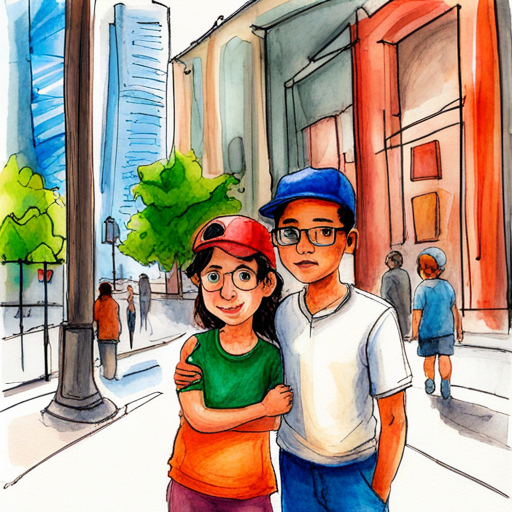 Salma, a curious girl with braided hair and glasses and Ahmed, a smart boy with a baseball cap outside the Future Museum