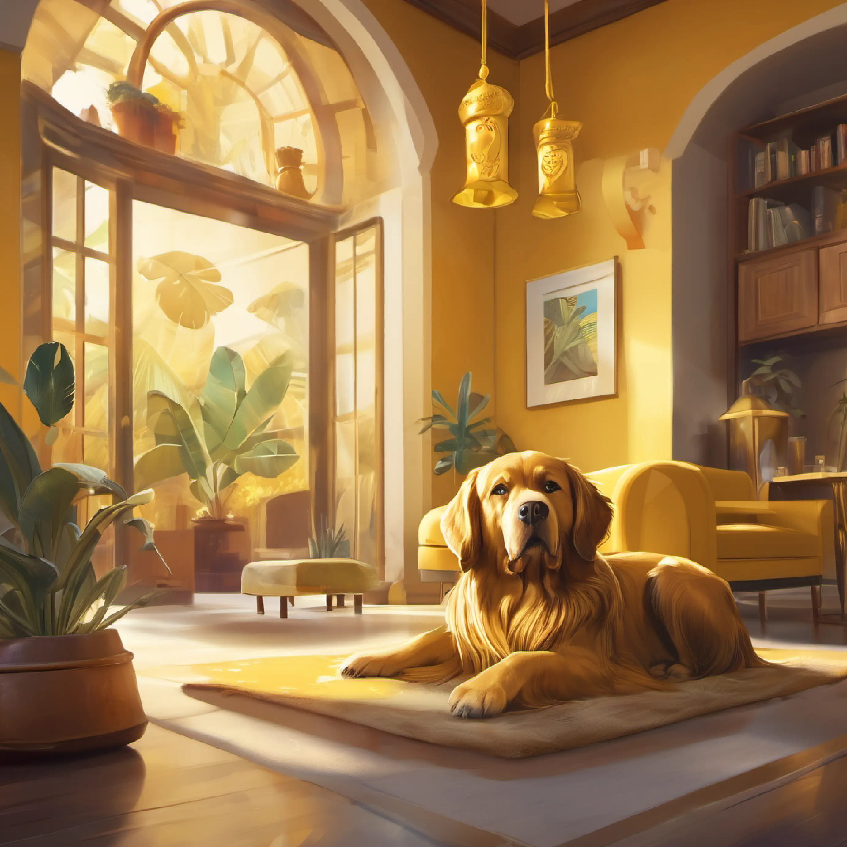 Description of Golden coat, loves bananas, smart dog and his home.