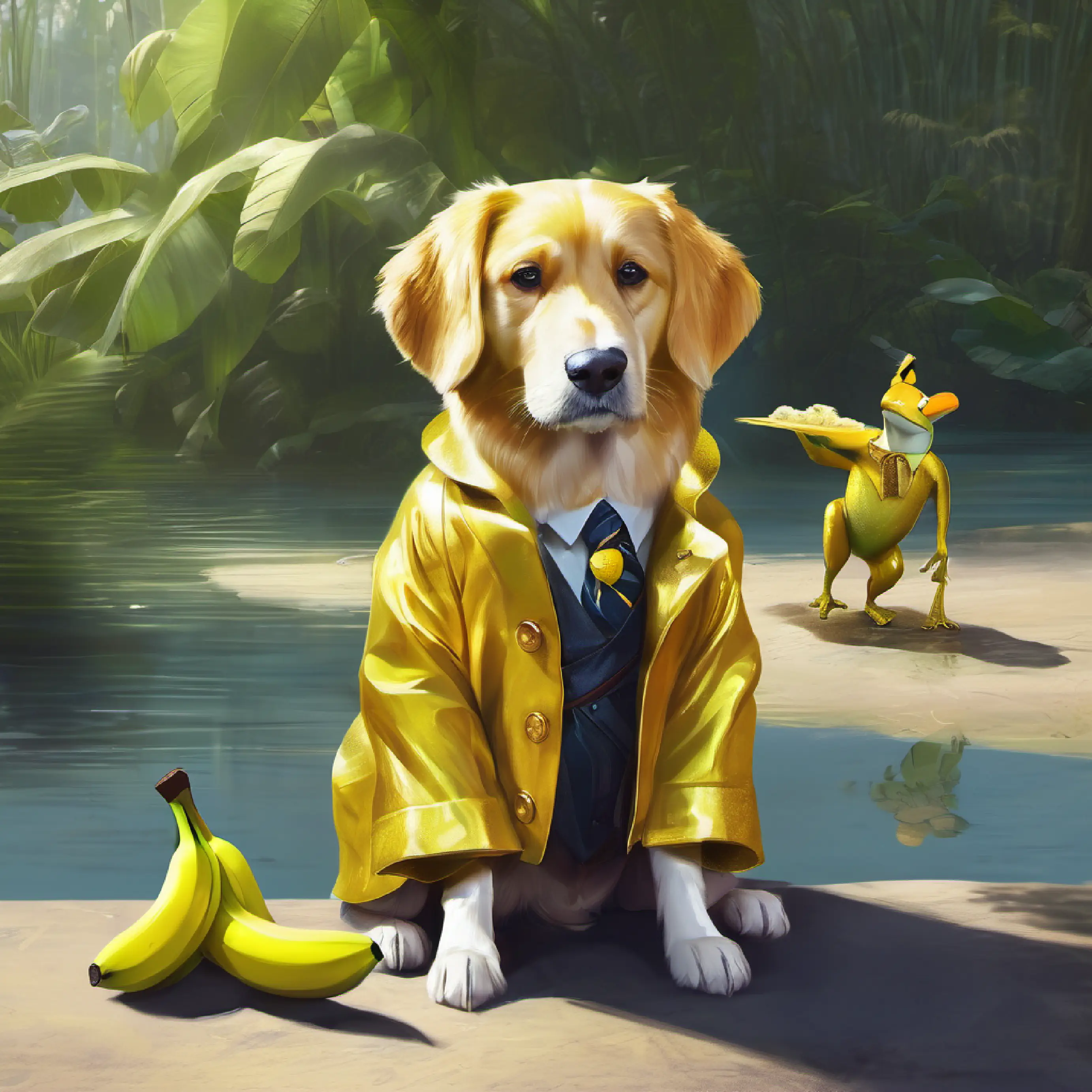 Golden coat, loves bananas, smart dog interacts with frogs but keeps them safe.