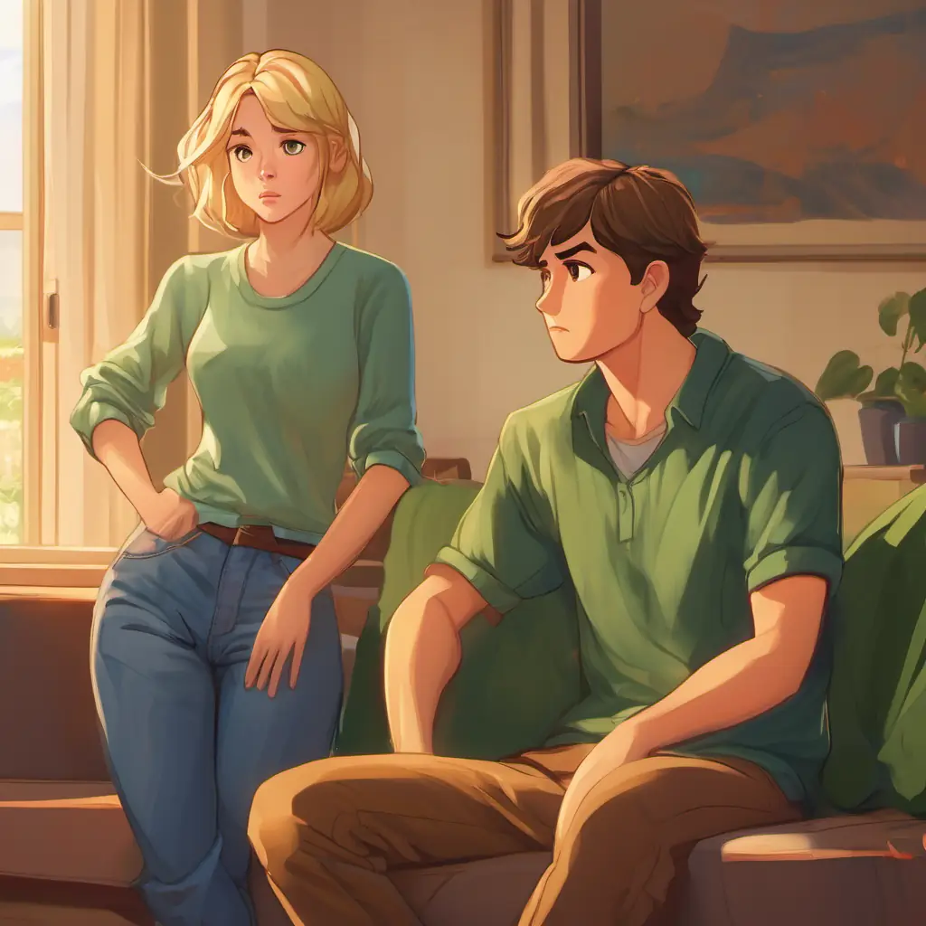 Short brown hair, blue jeans, green shirt, hurt finger, a young man with short brown hair, and Long blonde hair, disappointed look, thoughtful expression, a young woman with long blonde hair, in a cozy living room.