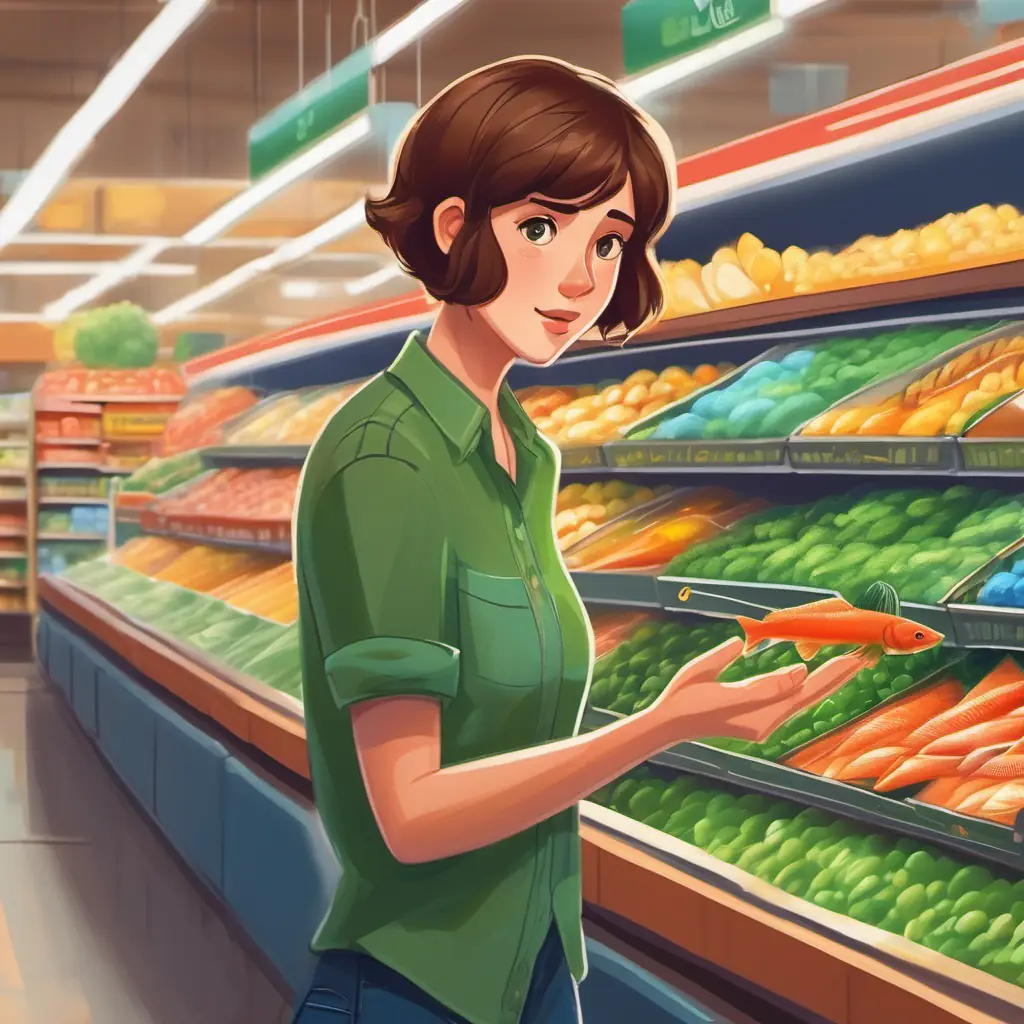 Short brown hair, blue jeans, green shirt, hurt finger with short brown hair looking for fish in the supermarket.