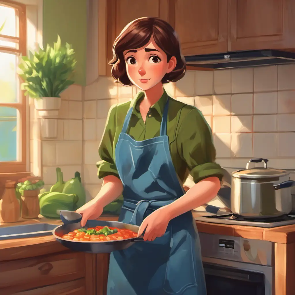 Short brown hair, blue jeans, green shirt, hurt finger in the kitchen, wearing an apron, cooking with a worried expression.