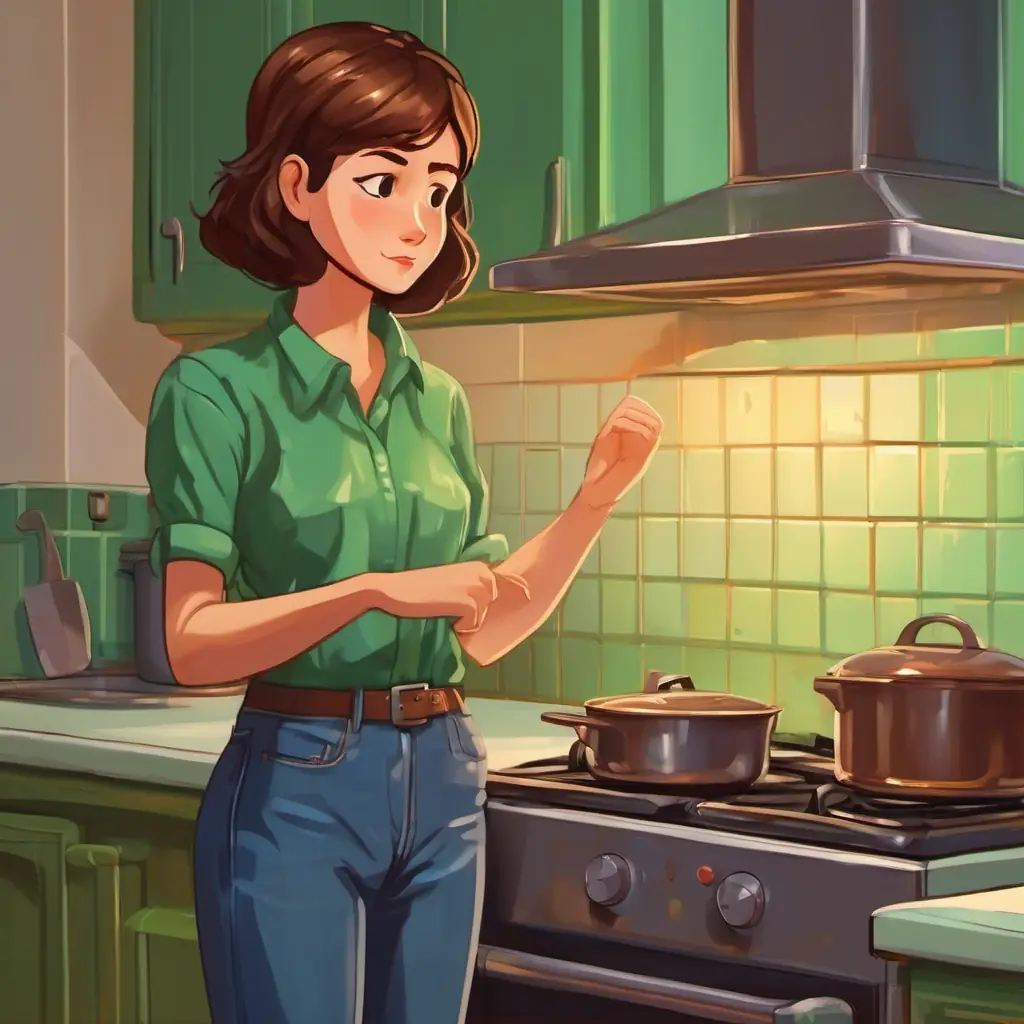 Short brown hair, blue jeans, green shirt, hurt finger standing next to the stove with a hurt finger.