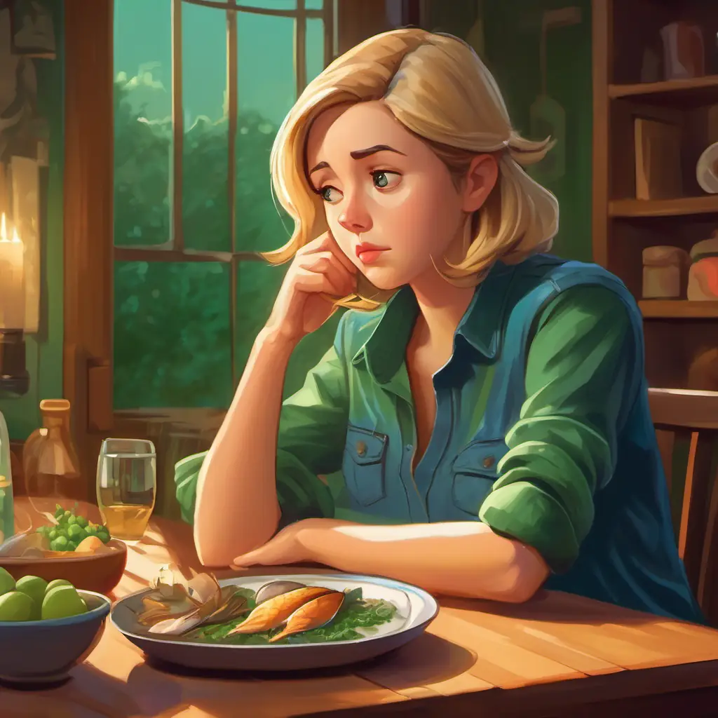 Short brown hair, blue jeans, green shirt, hurt finger and Long blonde hair, disappointed look, thoughtful expression at the dinner table with a disappointing-looking fish.
