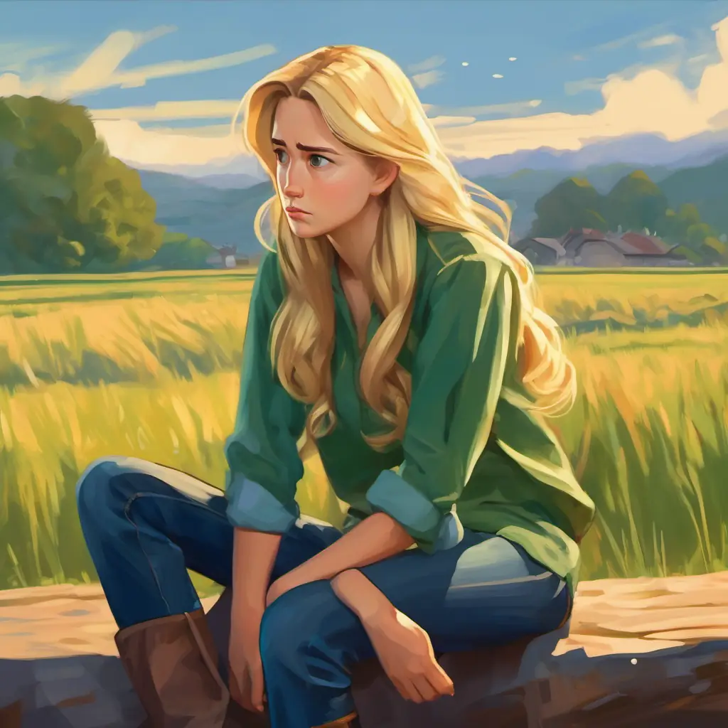 Long blonde hair, disappointed look, thoughtful expression with a thoughtful look, expressing disappointment, and Short brown hair, blue jeans, green shirt, hurt finger looking embarrassed.