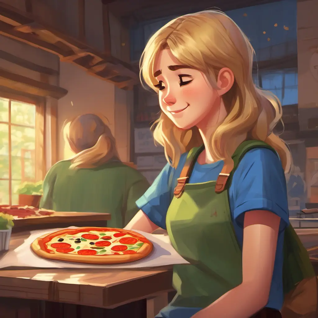 Short brown hair, blue jeans, green shirt, hurt finger and Long blonde hair, disappointed look, thoughtful expression laughing and ordering pizza, realizing it's okay when things don't go as planned.