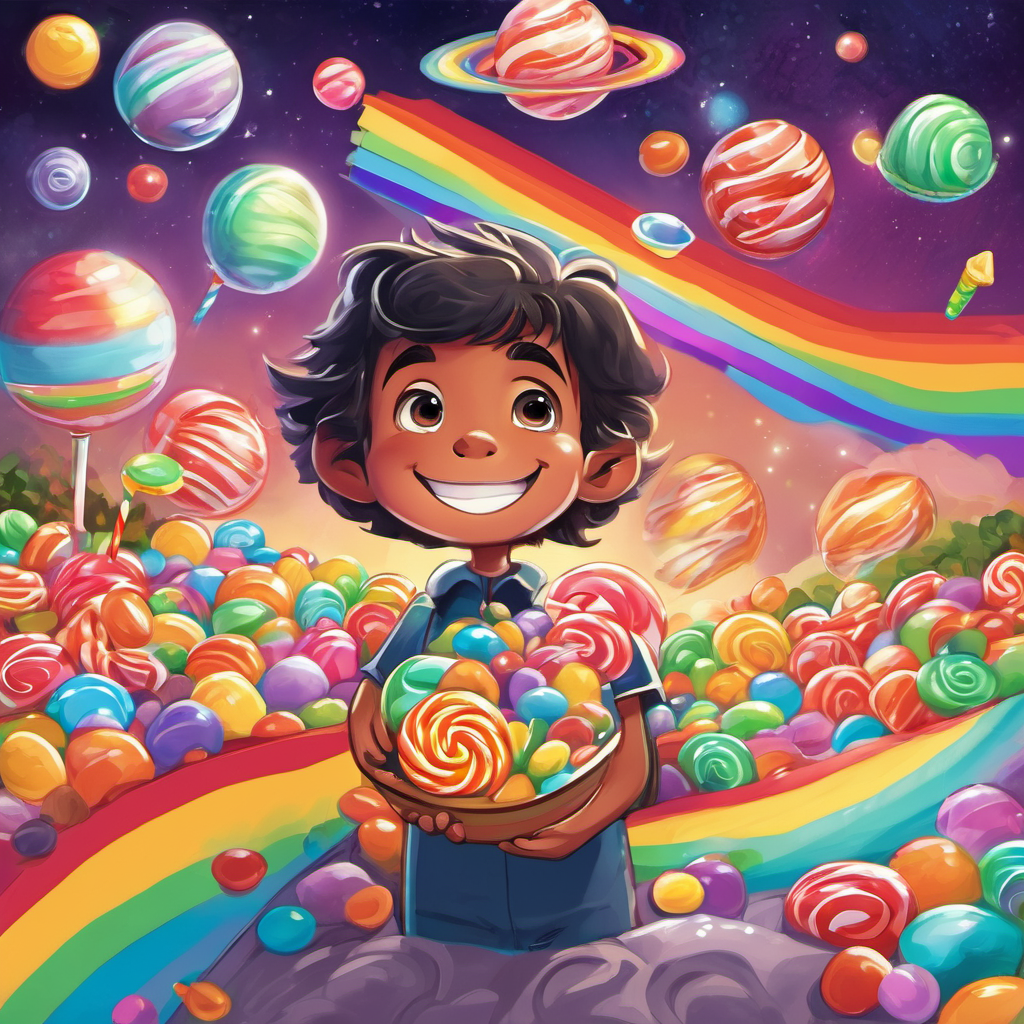 Alex's eyes widened with delight as he explored the Candy Planet. He tasted rainbow lollipops, chewy chocolate bars, minty marshmallows, and even sour gummy worms. The planet was filled with giggling children who shared their favorite treats with him. As the night went on, Alex's pockets filled with intergalactic snacks, and his smile grew bigger with each candy he tasted. Glitter watched over him, making sure he was safe and having the time of his life.