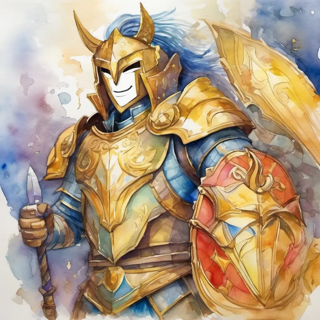Brave figure with golden armor and a big smile and Friendly figure with colorful armor and a mischievous grin solve a puzzle, using their special powers.