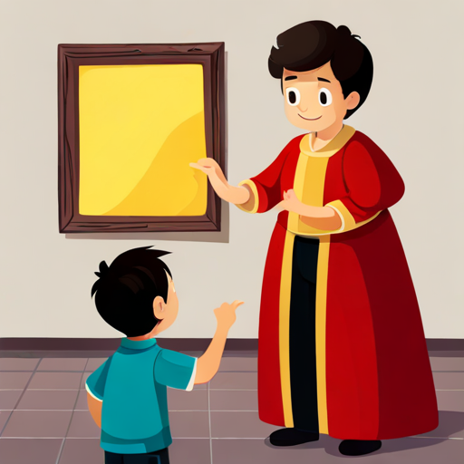 A small boy with messy hair and a red shirt.'s parents pointing to a picture of the A tall man with a crown and a golden robe.