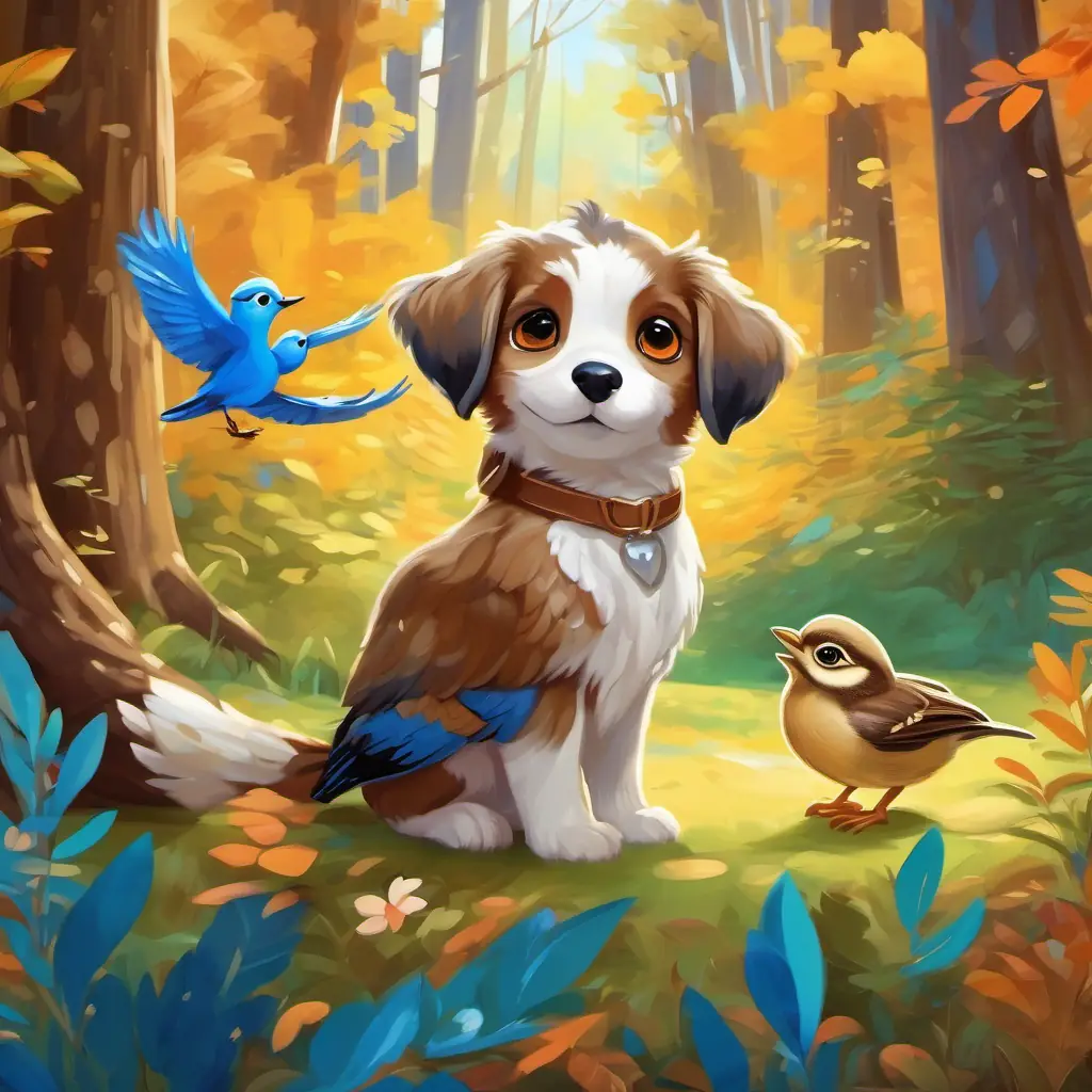A brown and white playful puppy with sparkling brown eyes and the duckling meet the wise old owl and the chatty bluejay in a colorful forest.